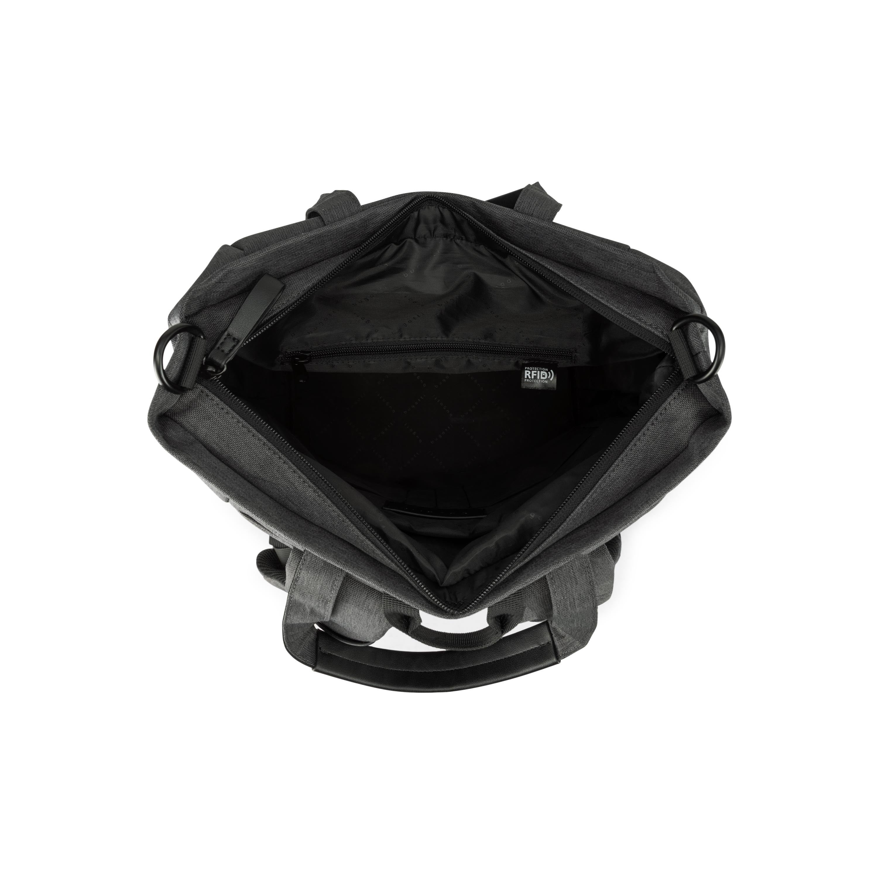 Black backpack with visible brand logo on a white background