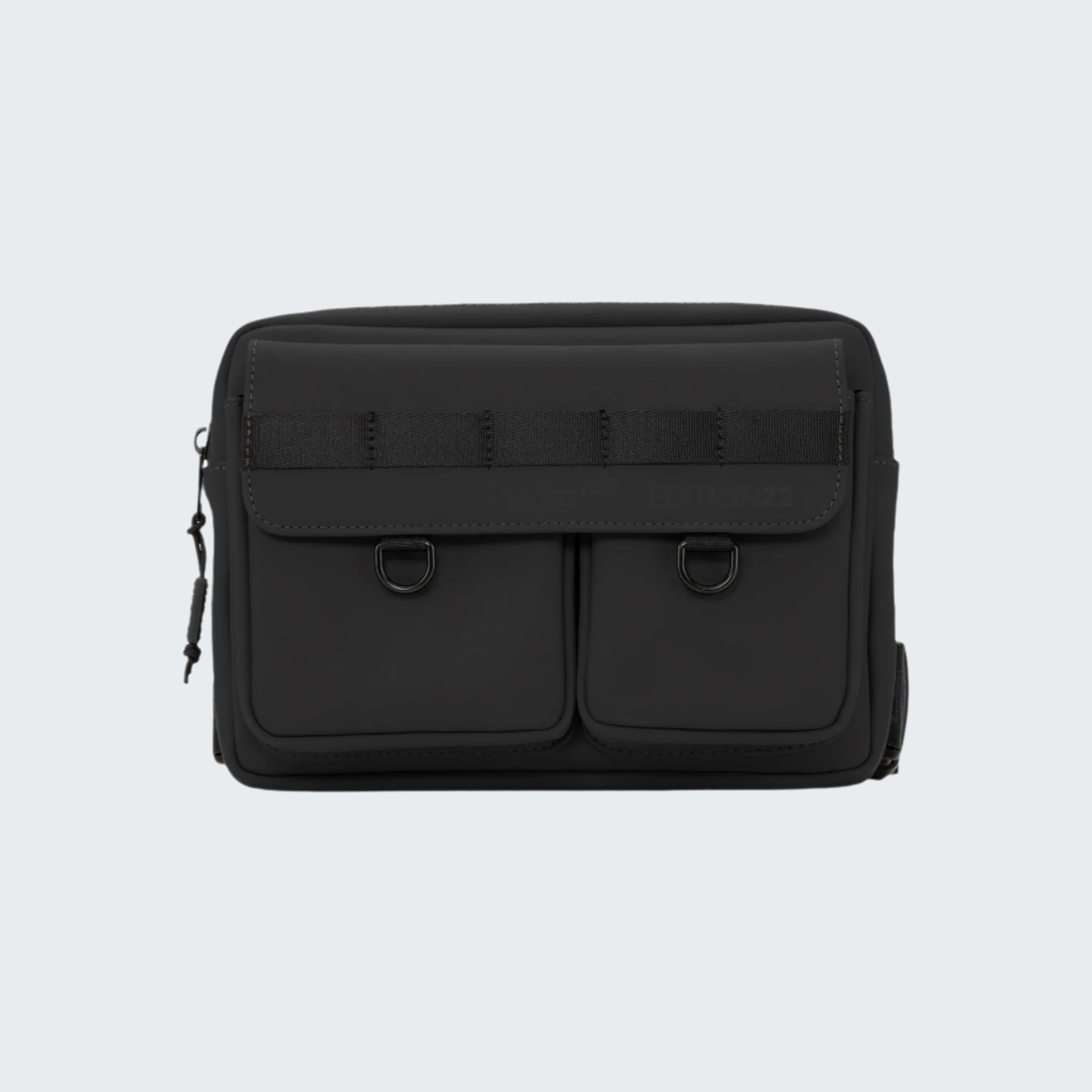 Black bag with multiple compartments on a white background