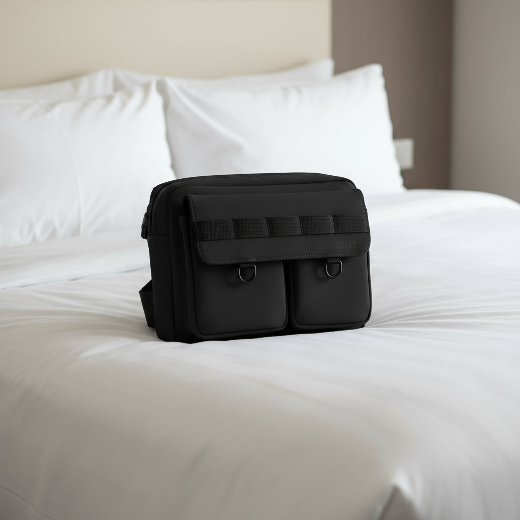 Black shoulder bag on a white background