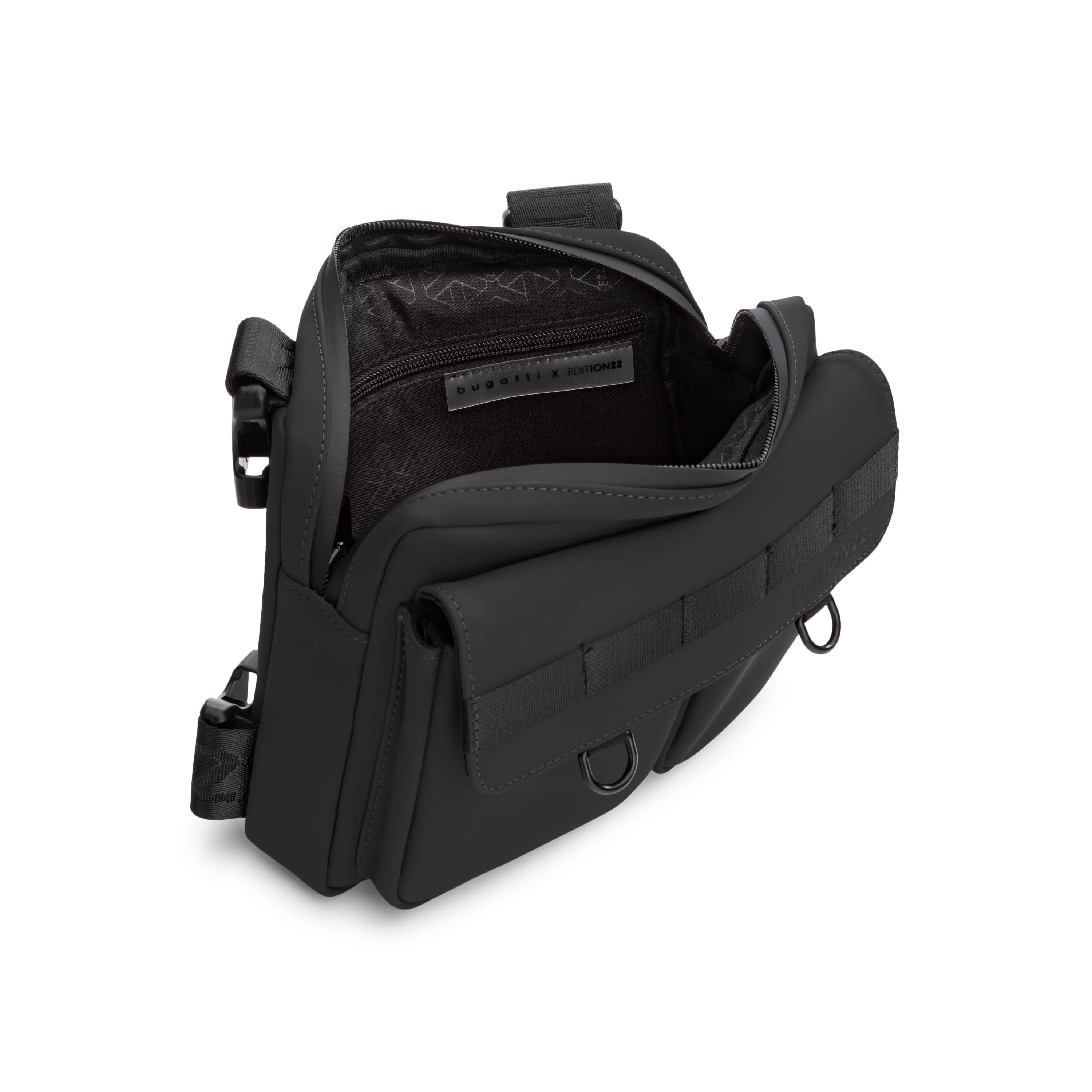 Black tactical bag with visible branding on a white background