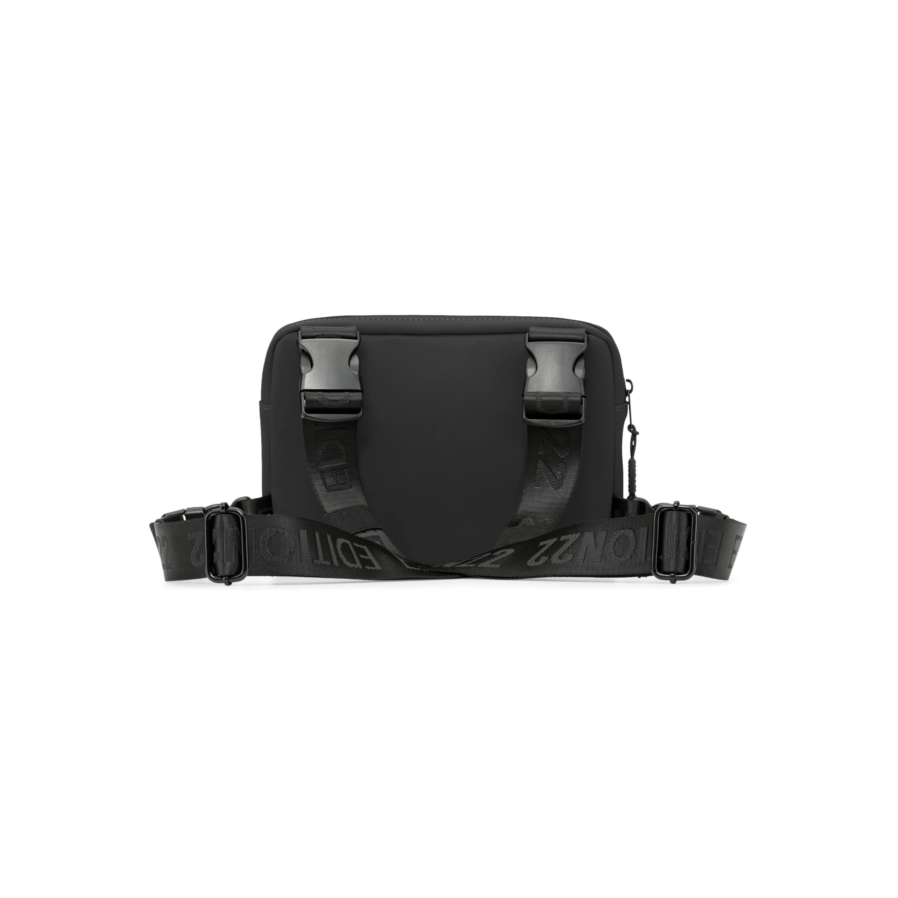 Black waist bag with visible brand logo on a white background