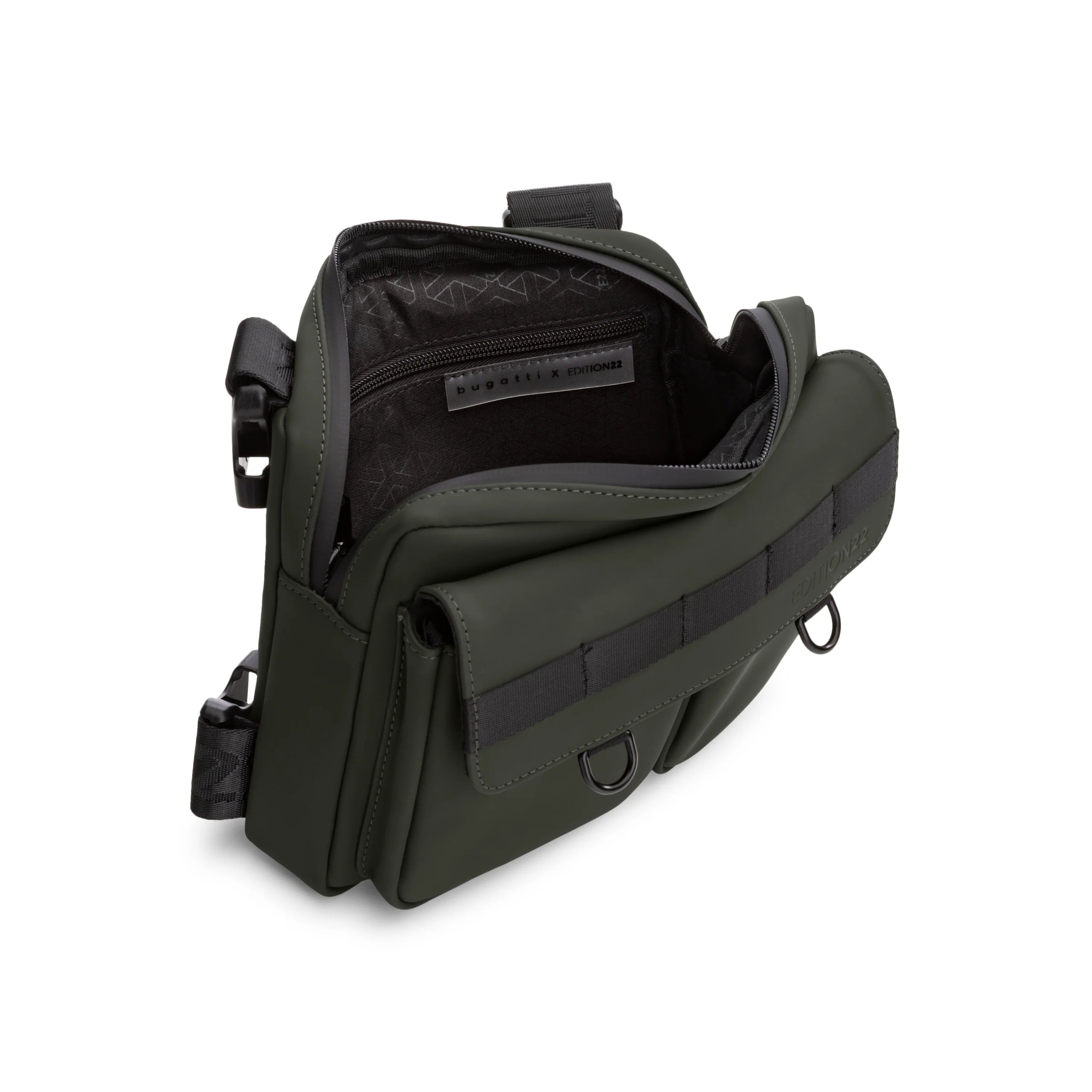 Green tactical bag with multiple straps on a white background