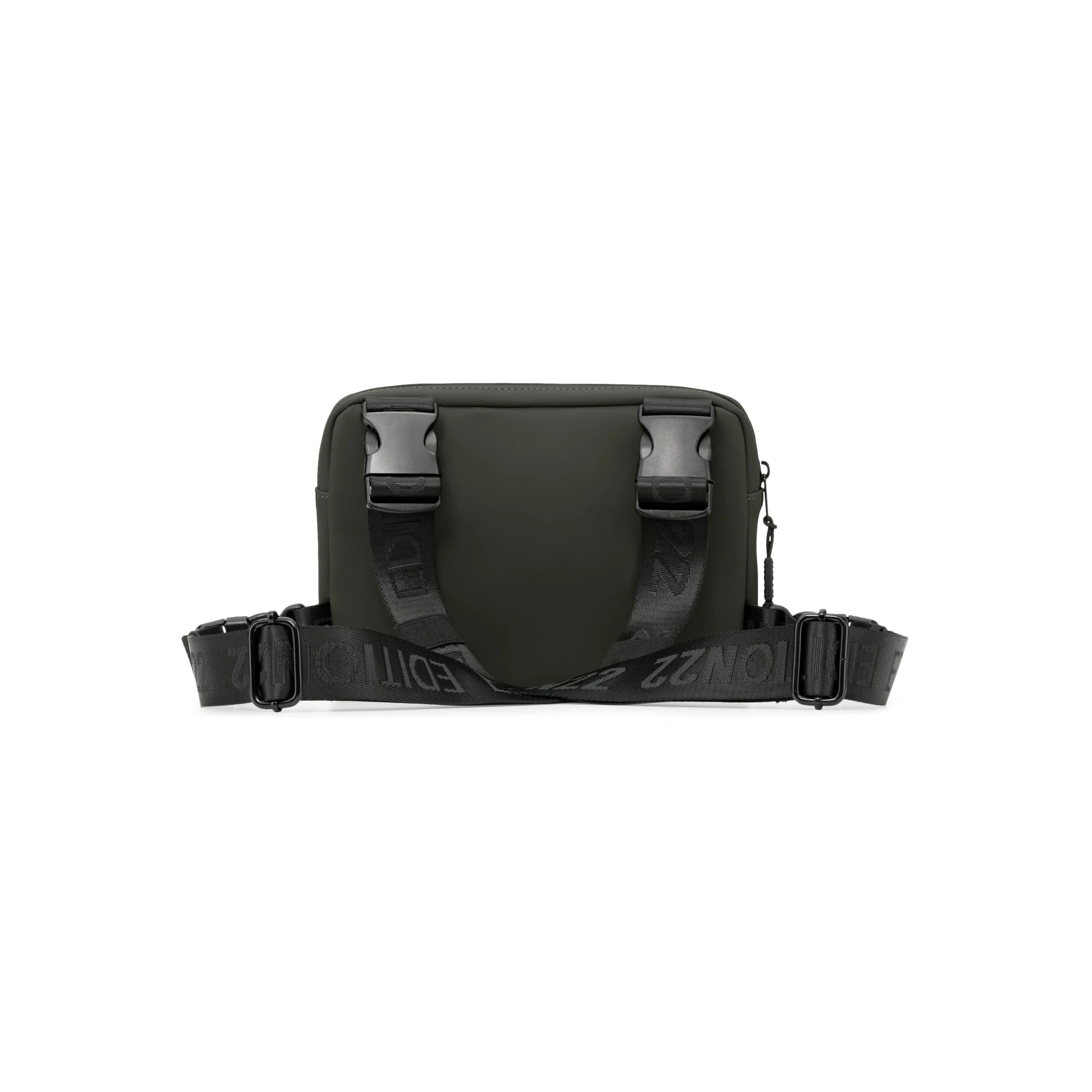 Black waist bag with visible branding on a white background
