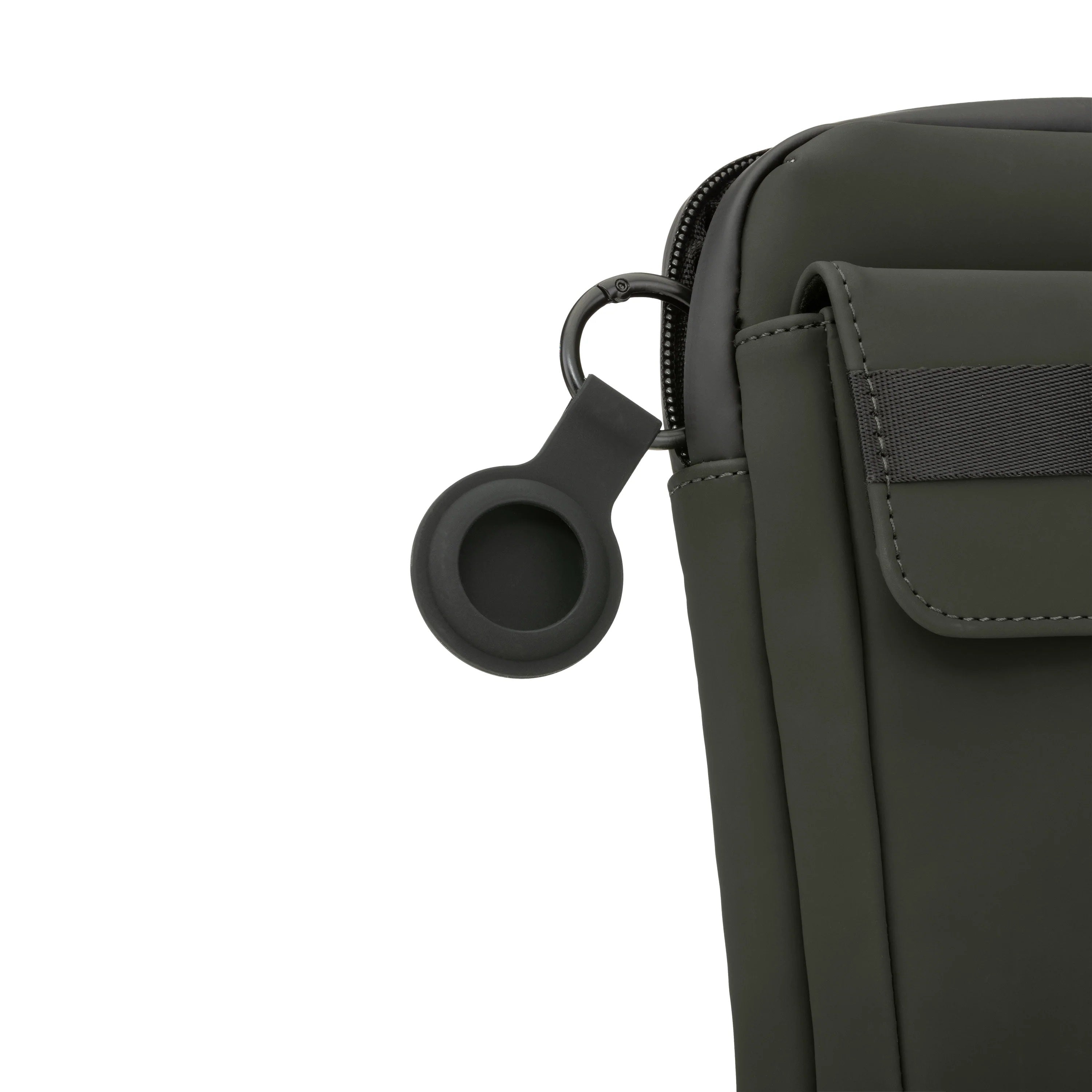 Dark green bag with a keychain holder on a white background