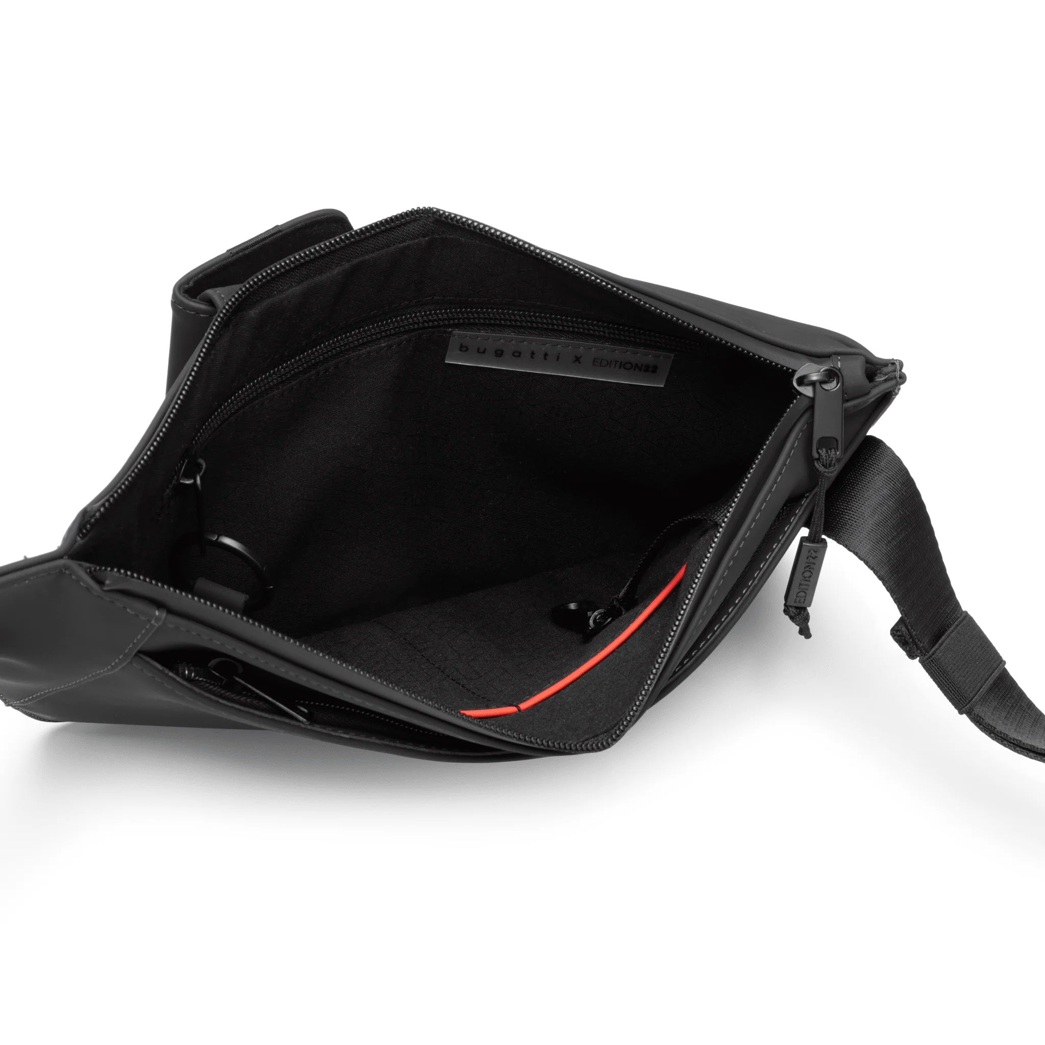 Black bag with a red zipper on a white background