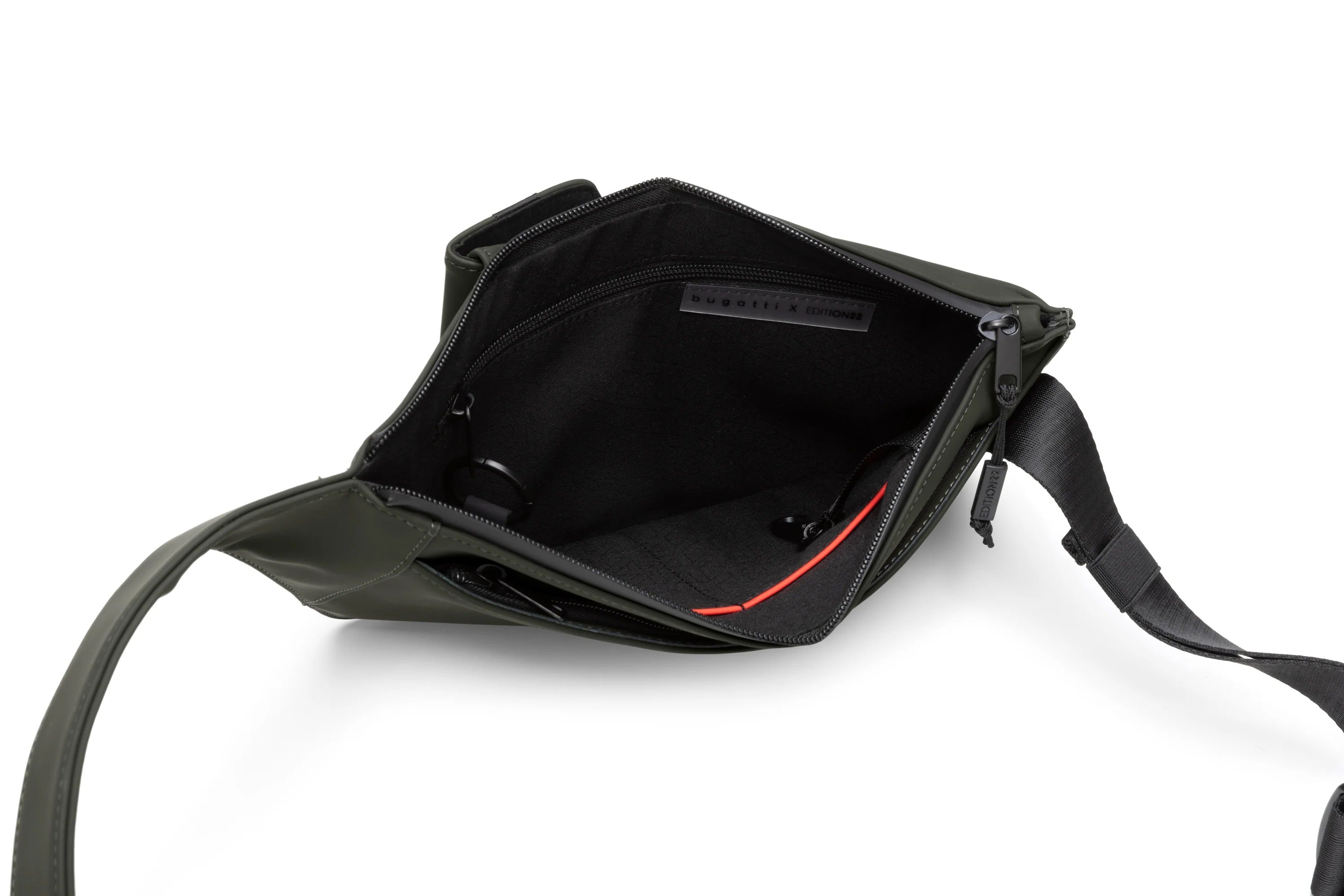 Black crossbody bag with a strap on a white background