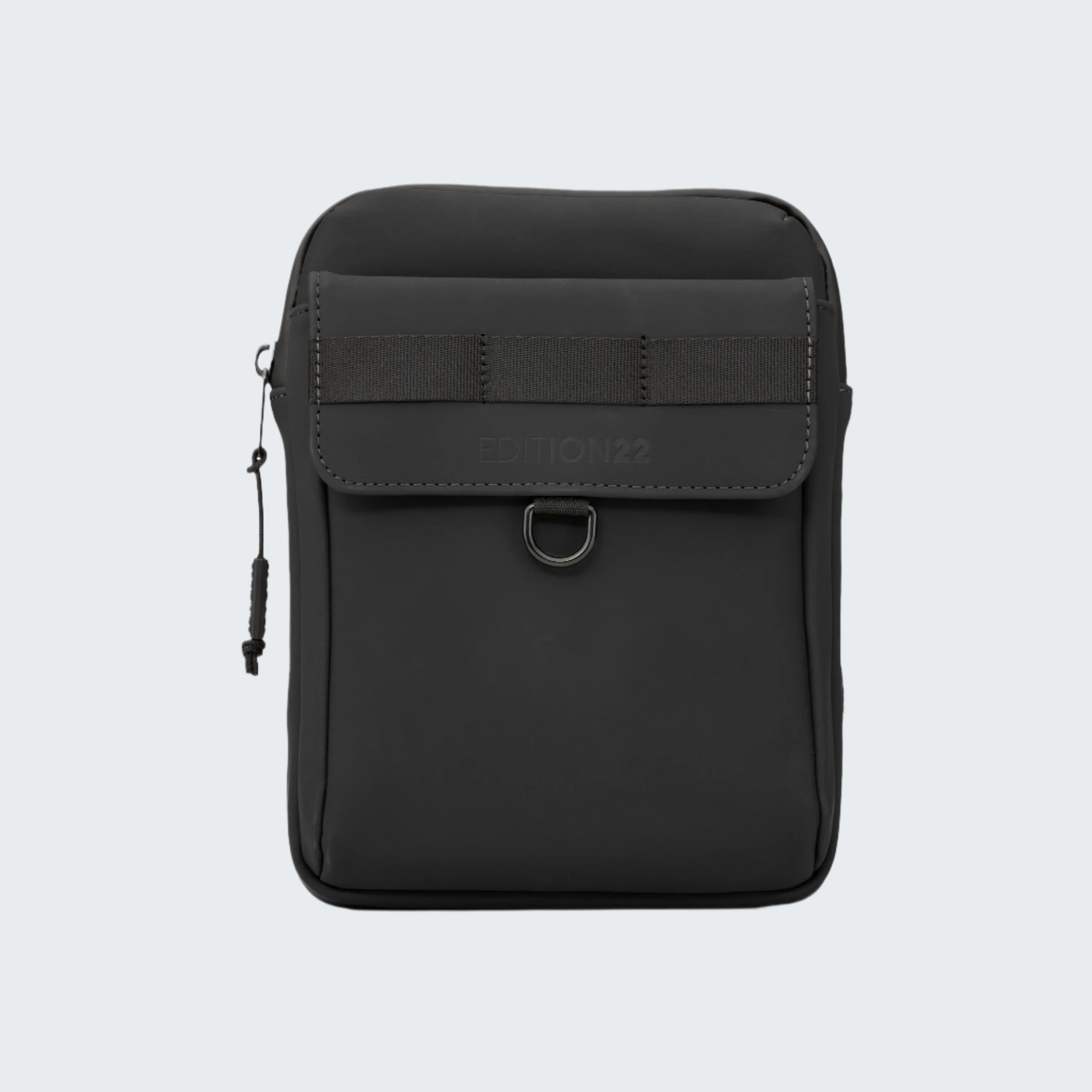 Black backpack with a flap and brand logo on a white background