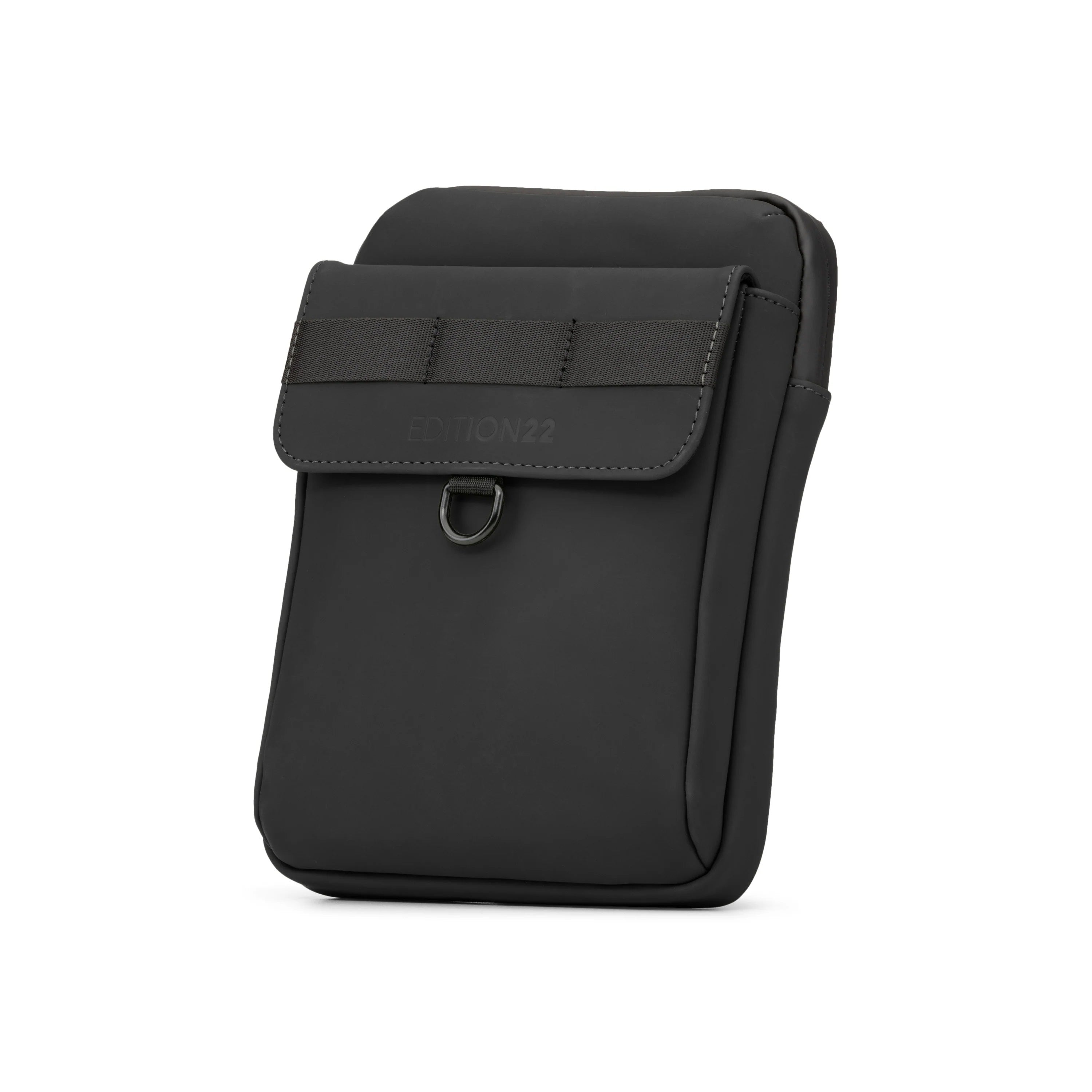 Black crossbody bag with a visible brand logo on a white background