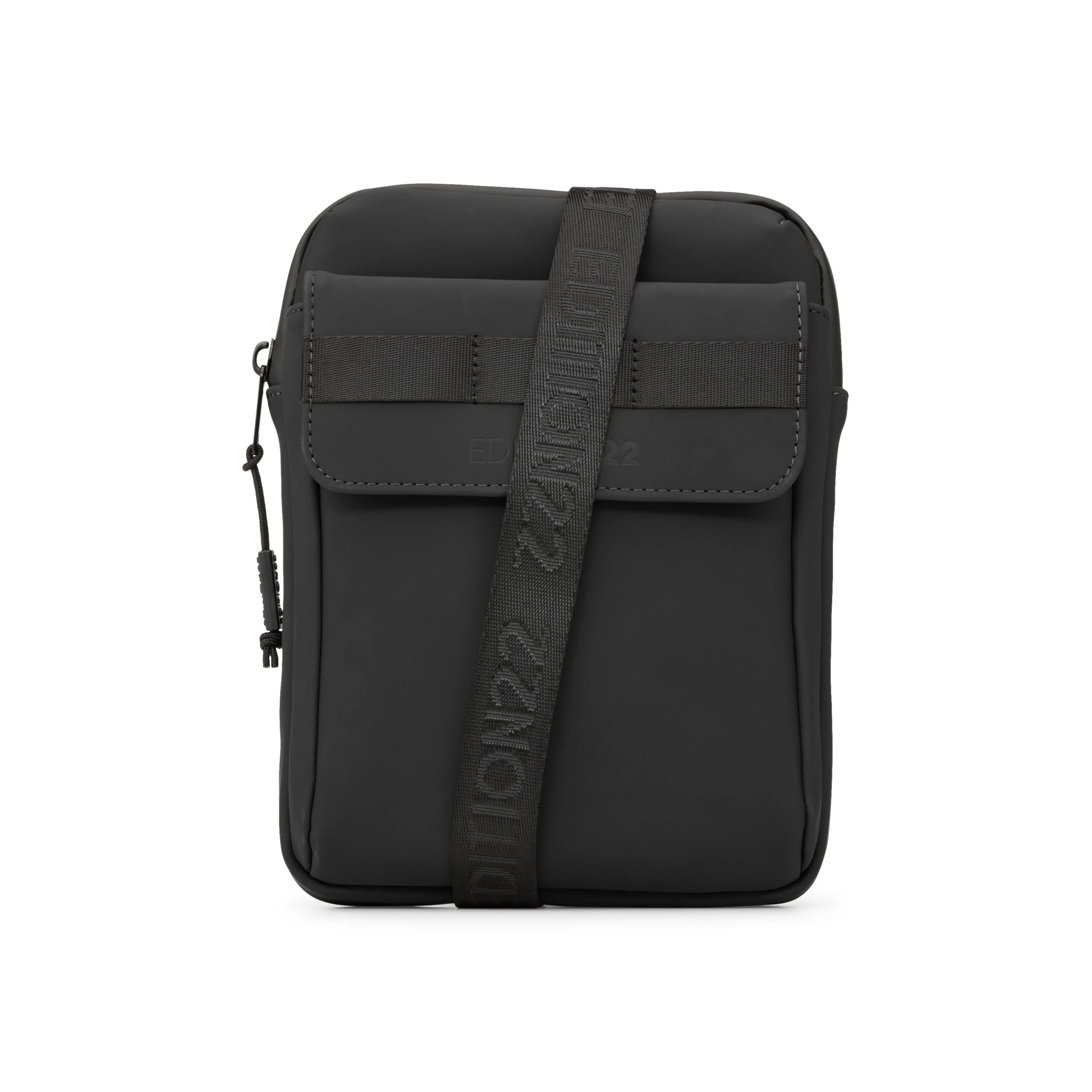 Black crossbody bag with visible brand logo on a white background