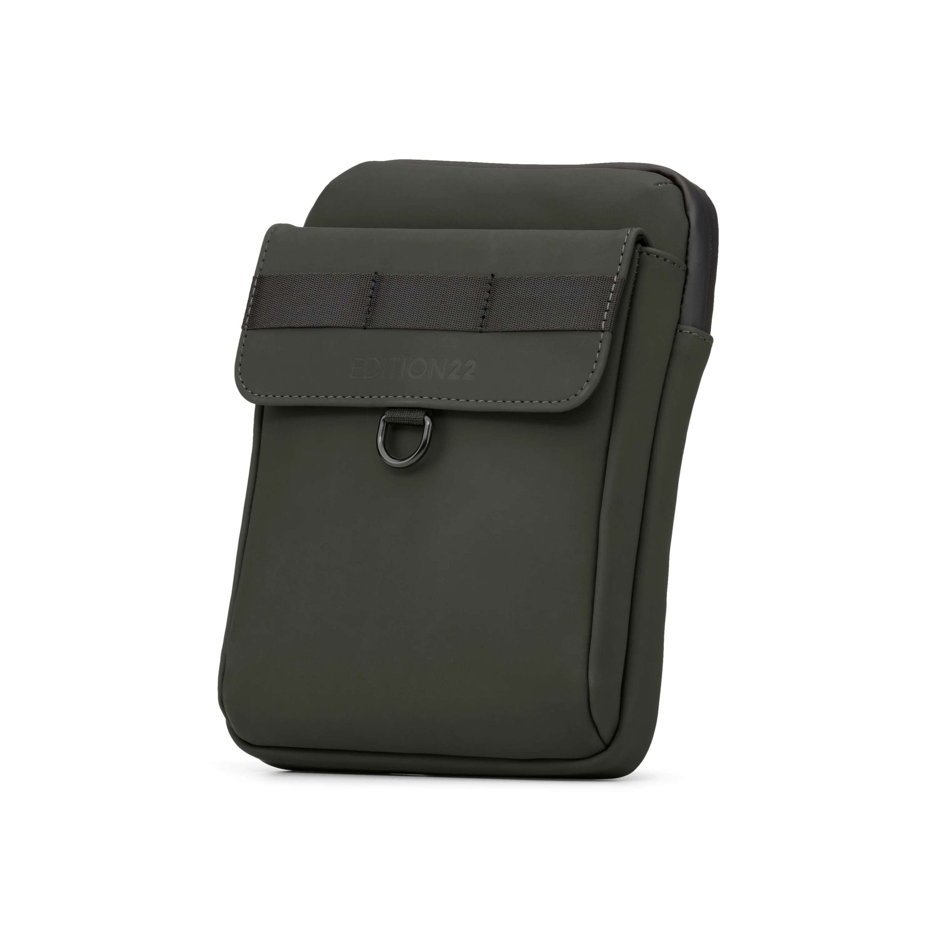 Dark green crossbody bag with a flap closure on a white background