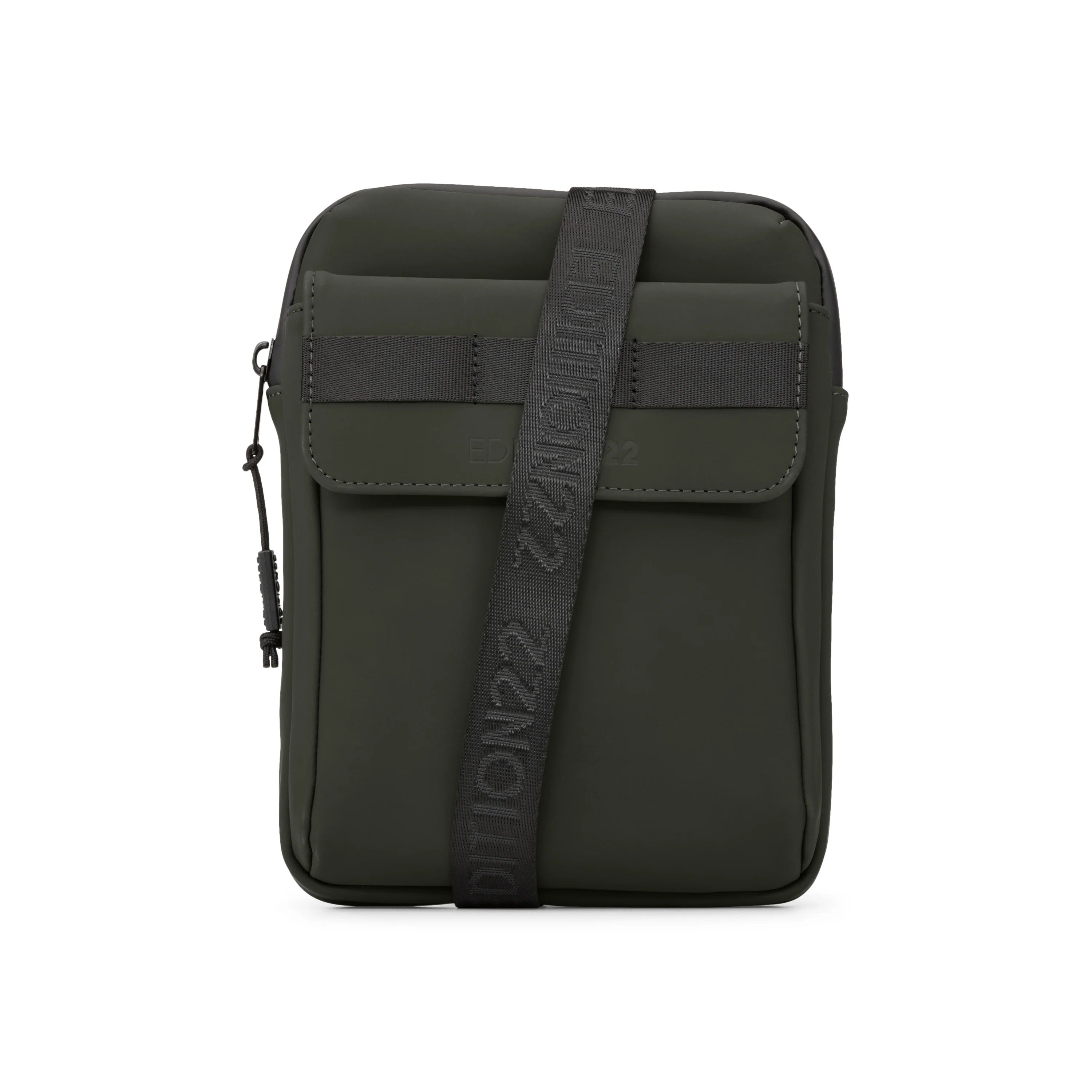 Black crossbody bag with a strap on a white background