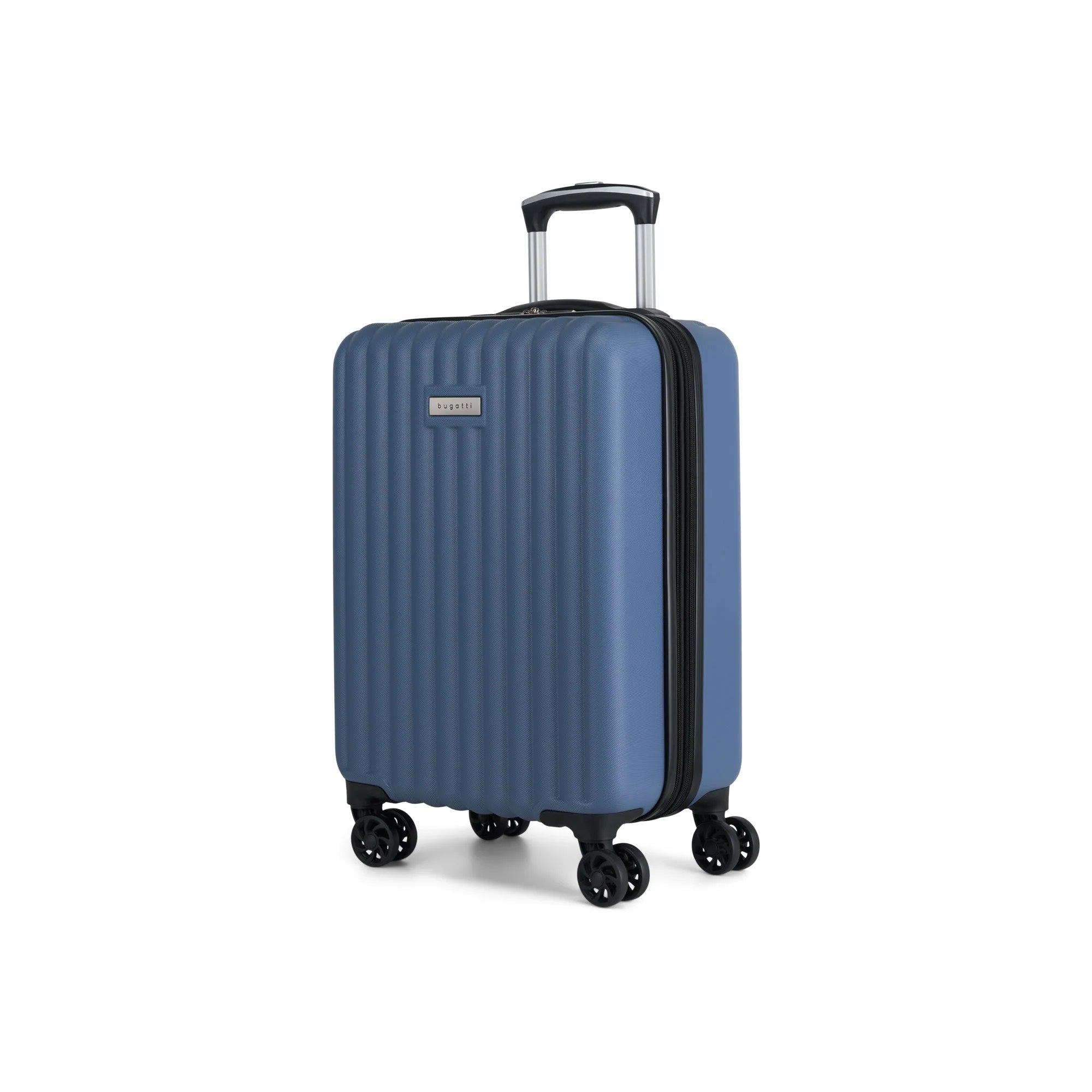 Blue suitcase with a visible brand logo on a white background