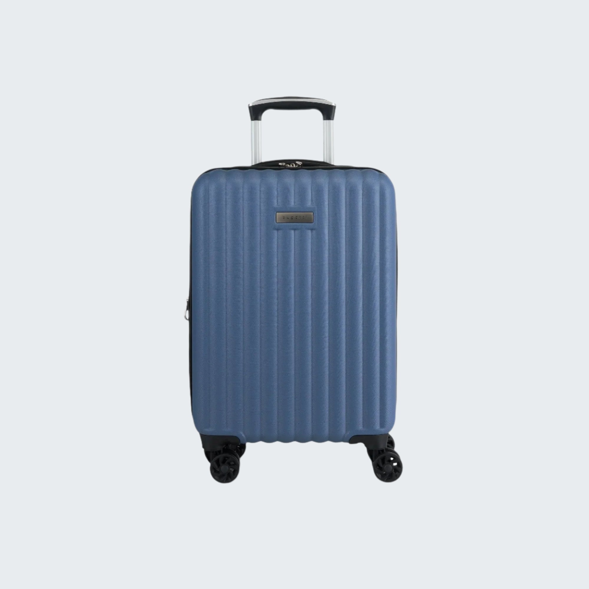 Blue suitcase with a black handle on a white background
