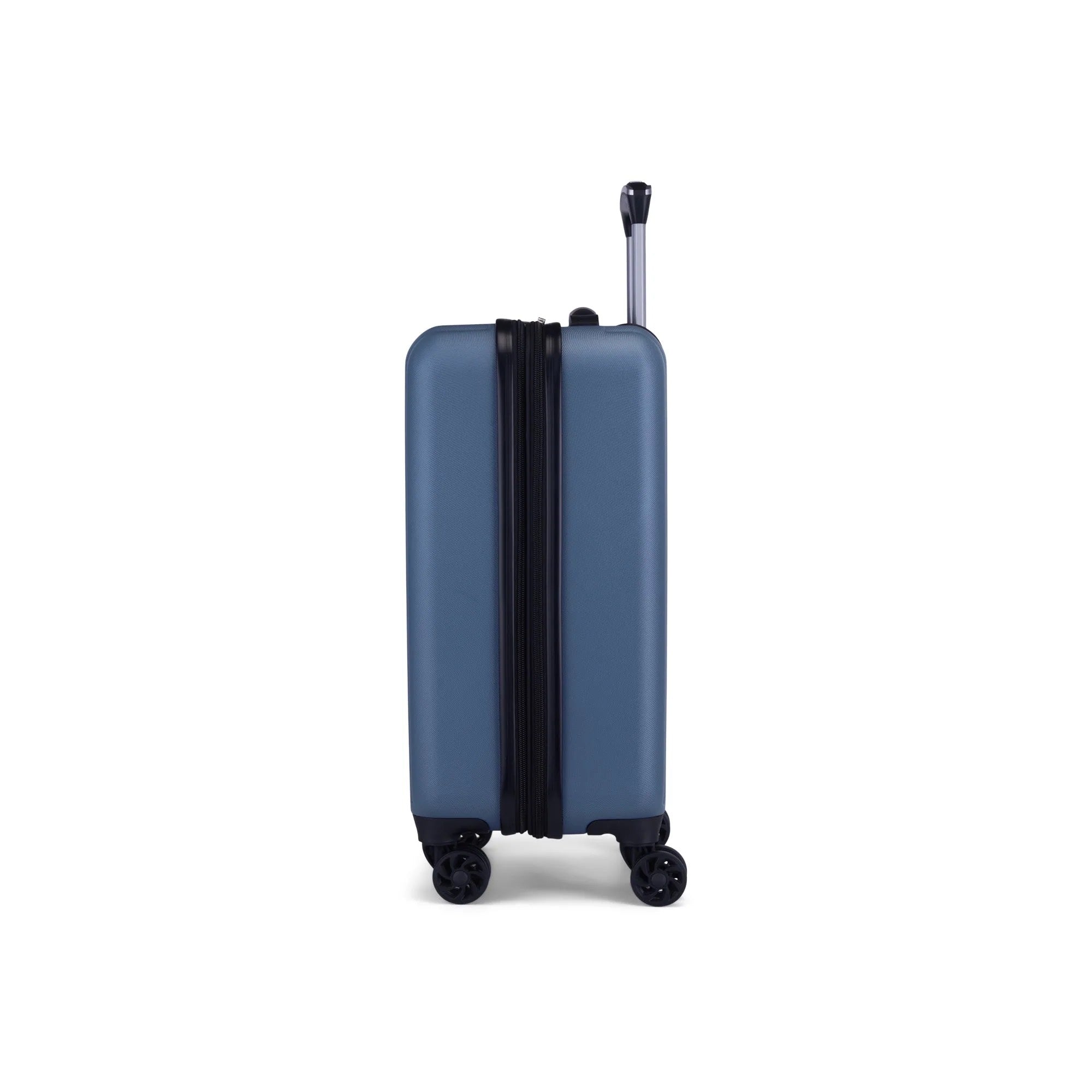 Blue suitcase with a black handle on a white background