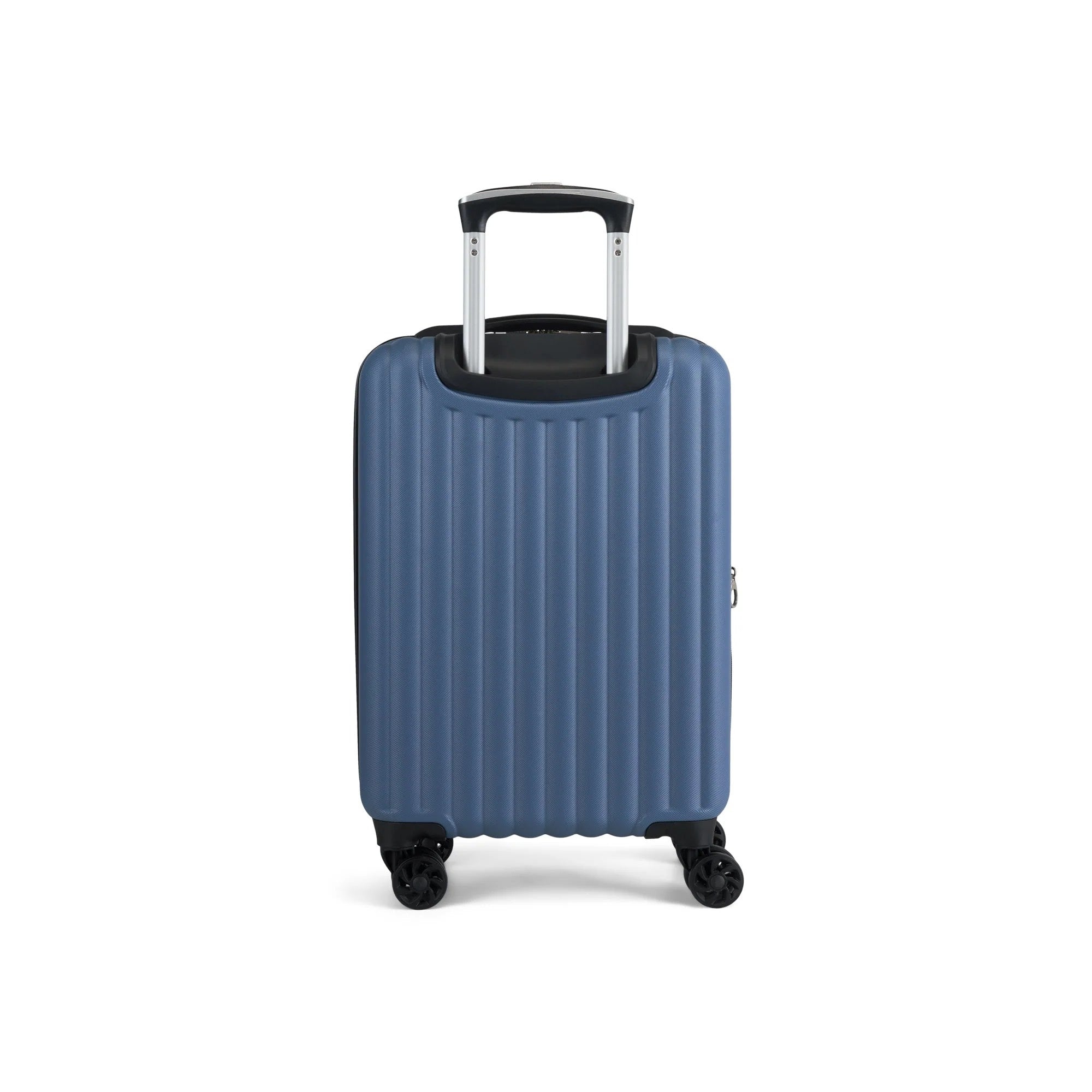 Blue suitcase with a black handle on a white background