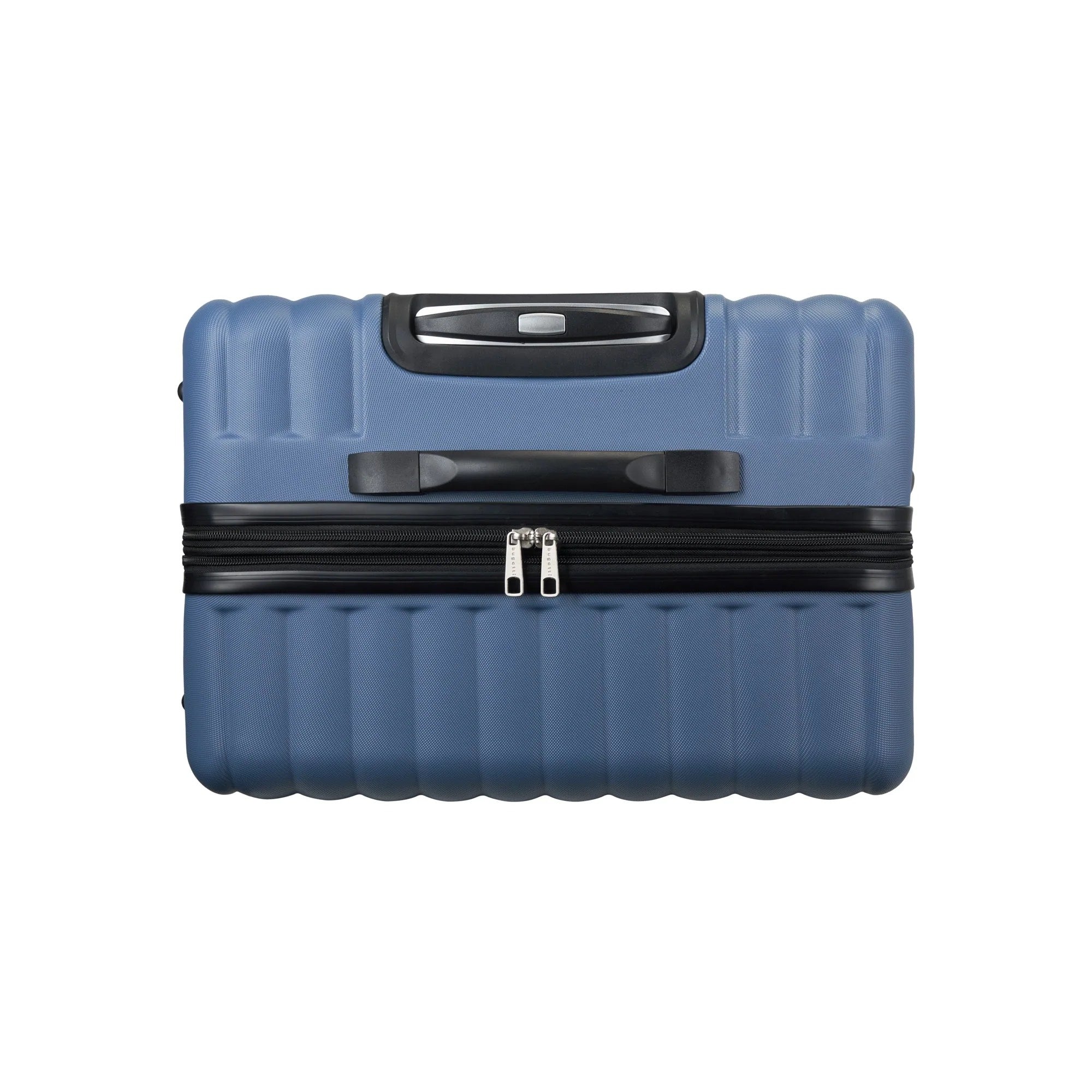 Blue suitcase with a black handle and zipper on a white background