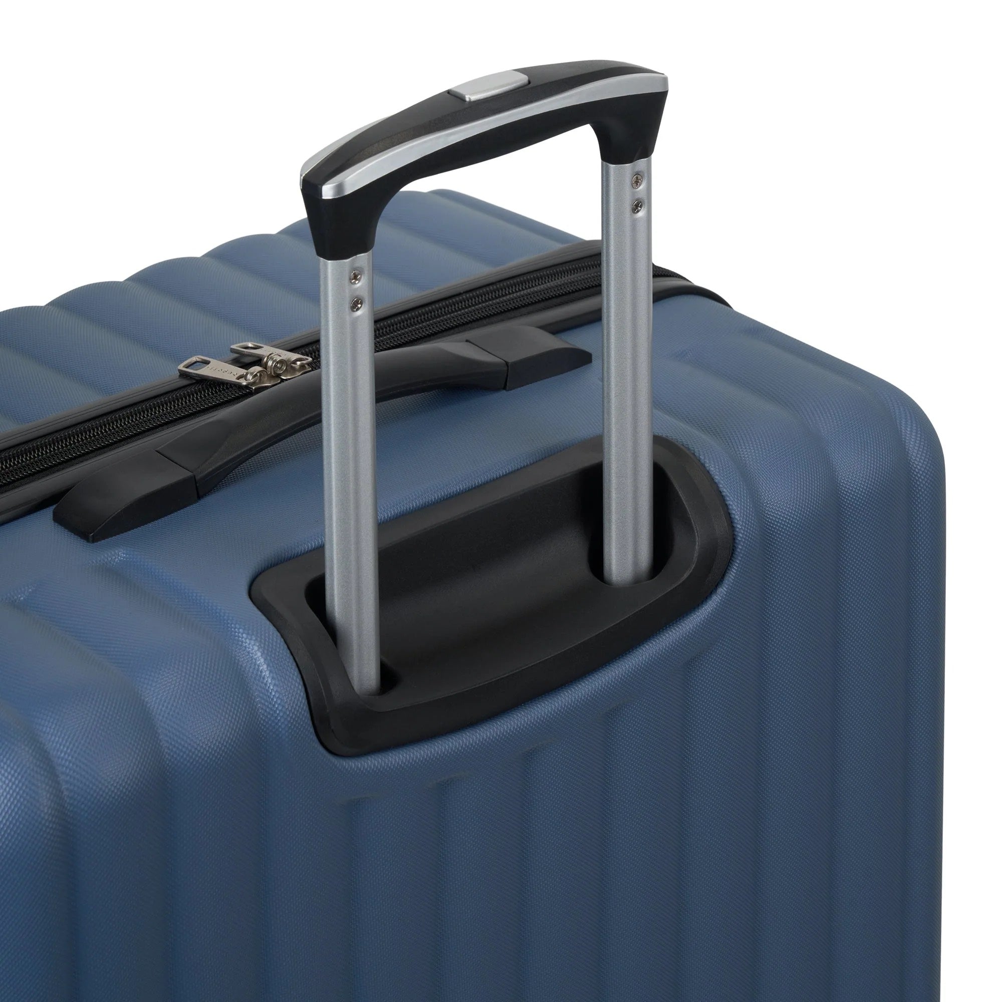 Blue suitcase with a black handle on a white background