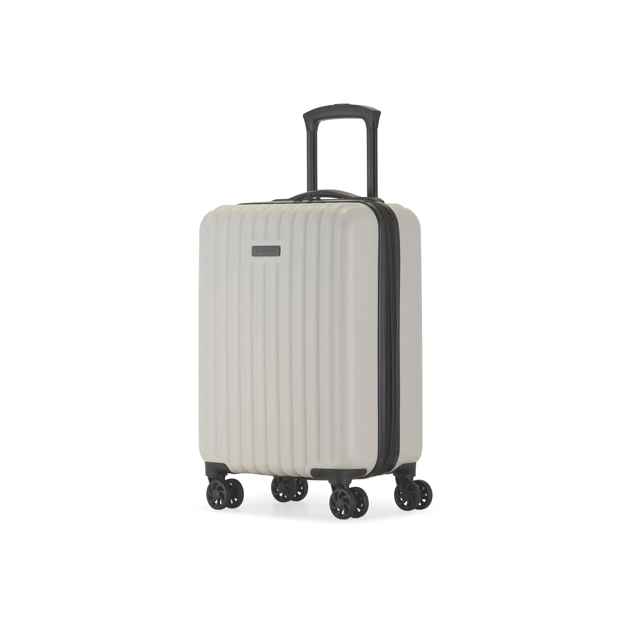 Beige suitcase with black handle and wheels on a white background