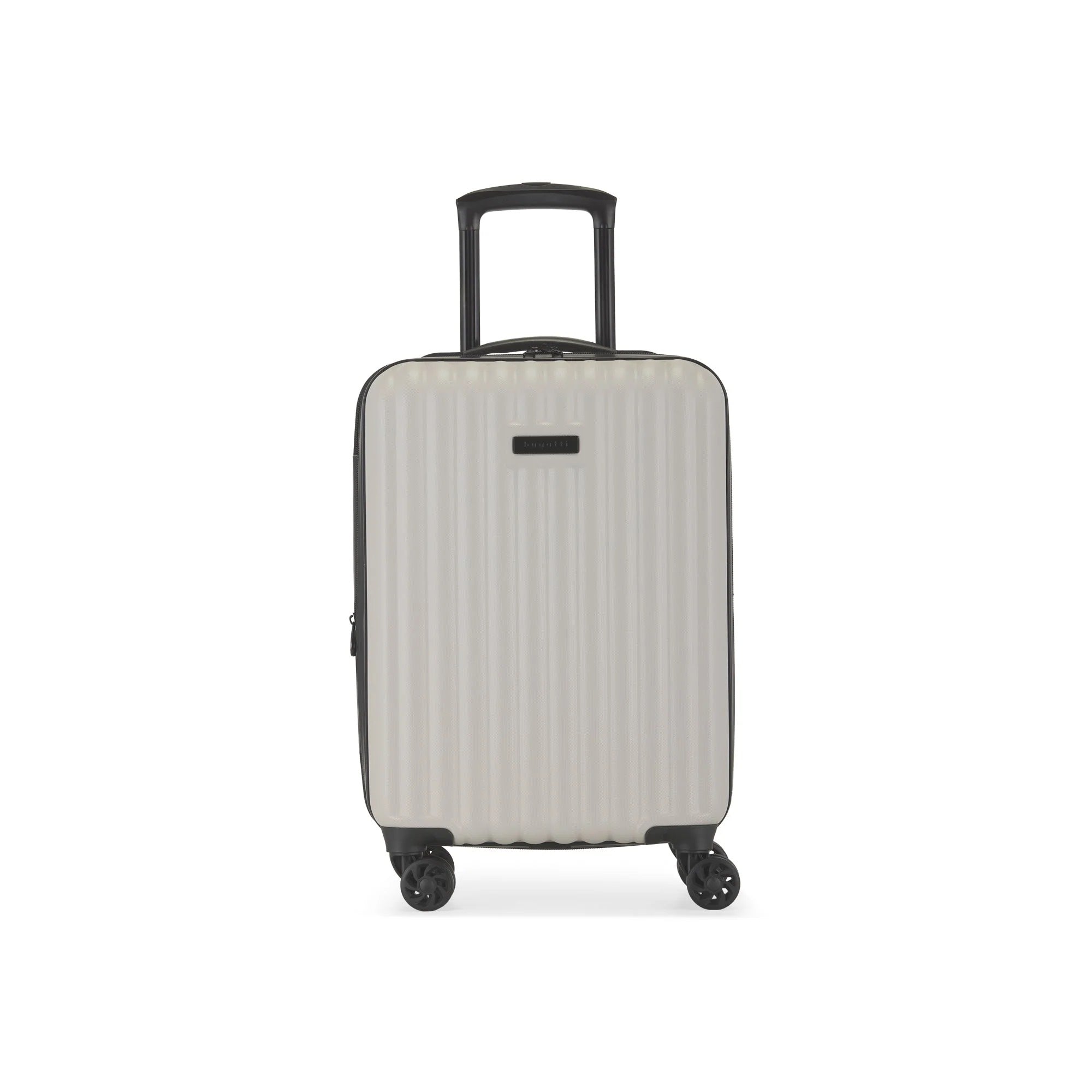 Beige suitcase with black handle and wheels on a white background