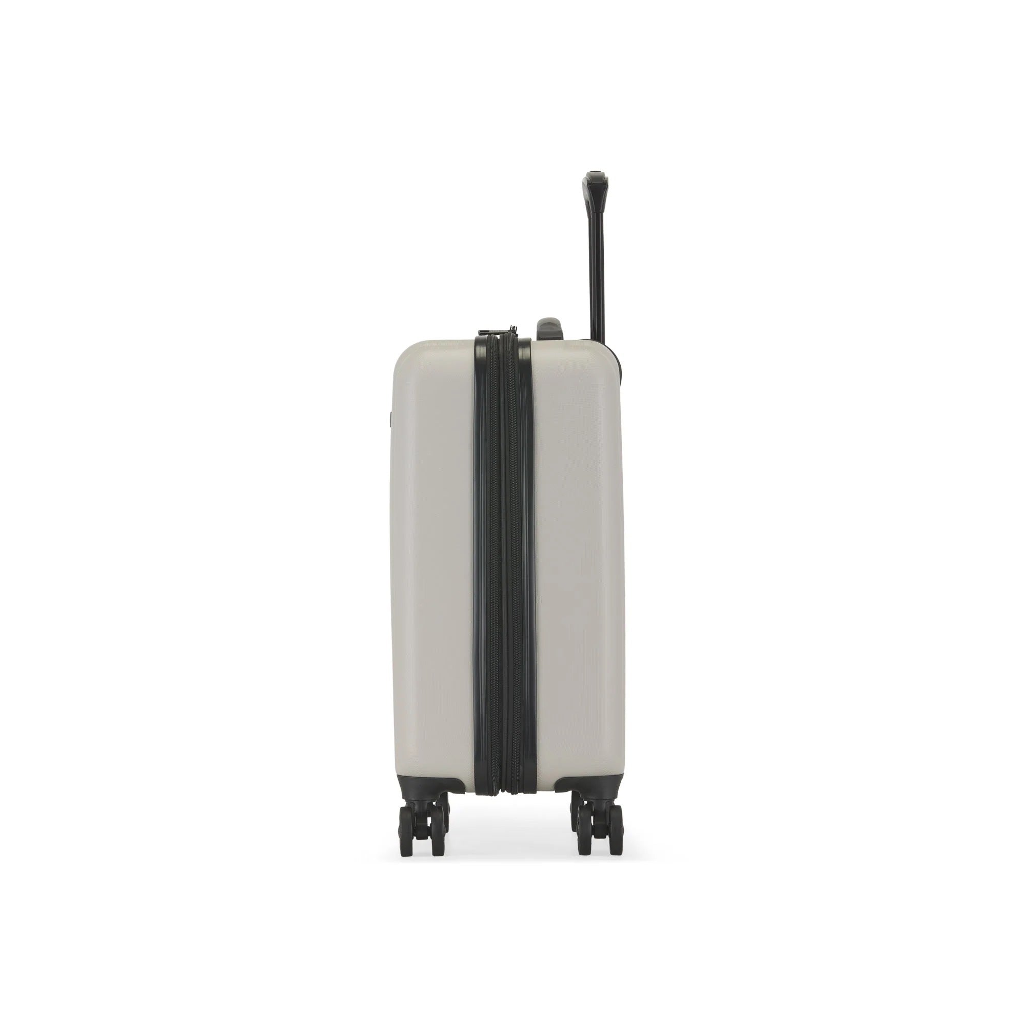 Beige suitcase with black accents on a white background