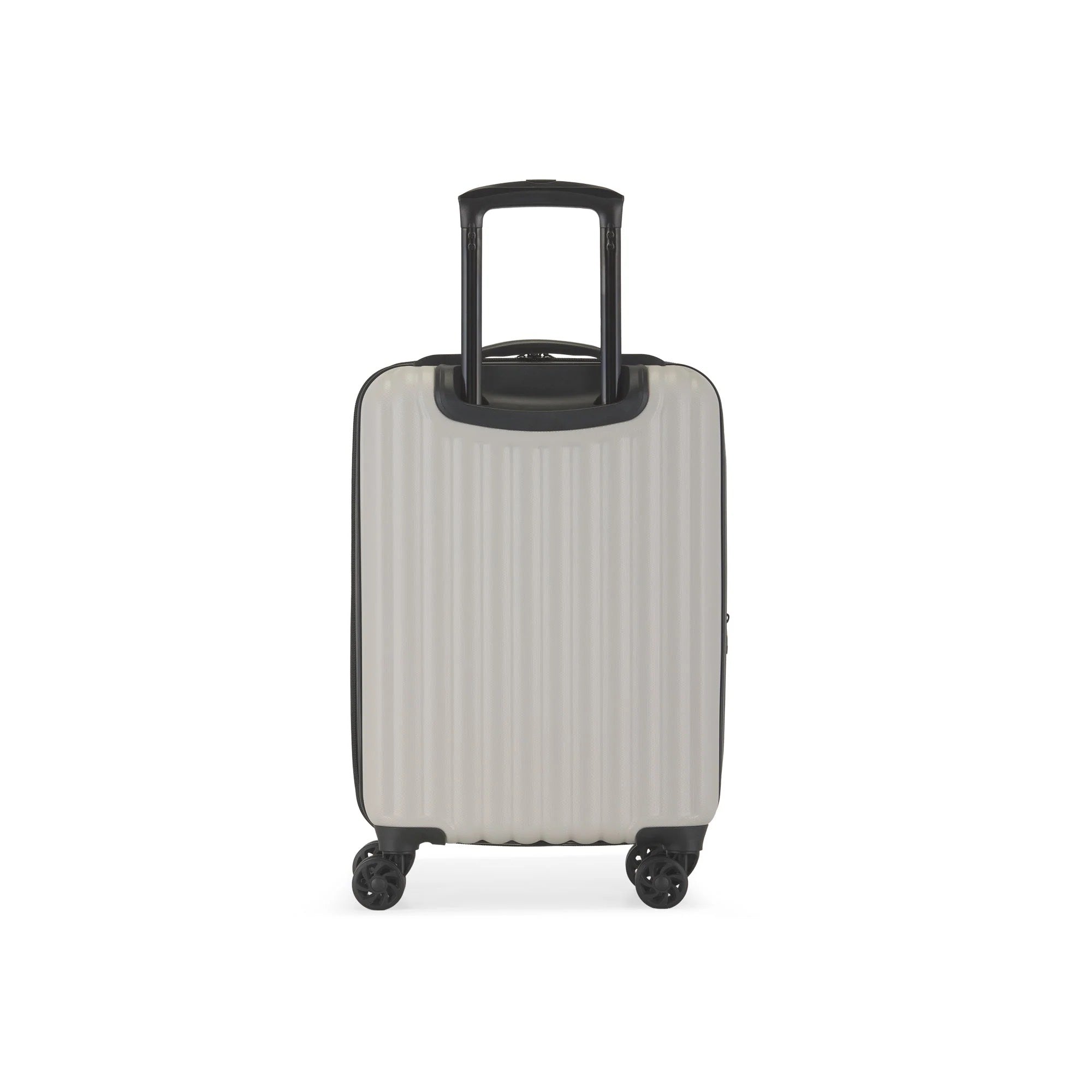Silver suitcase with a black handle on a white background