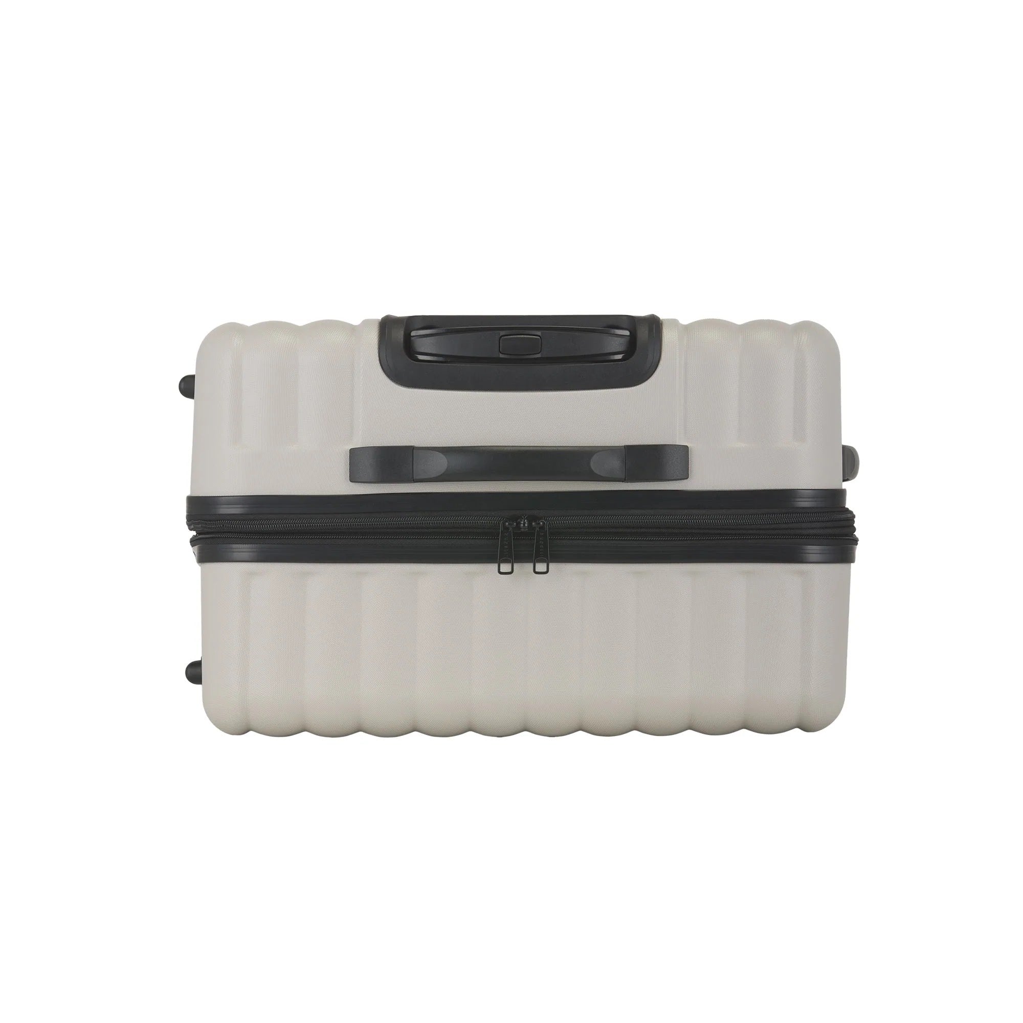 Beige suitcase with black zippers and handle on a white background