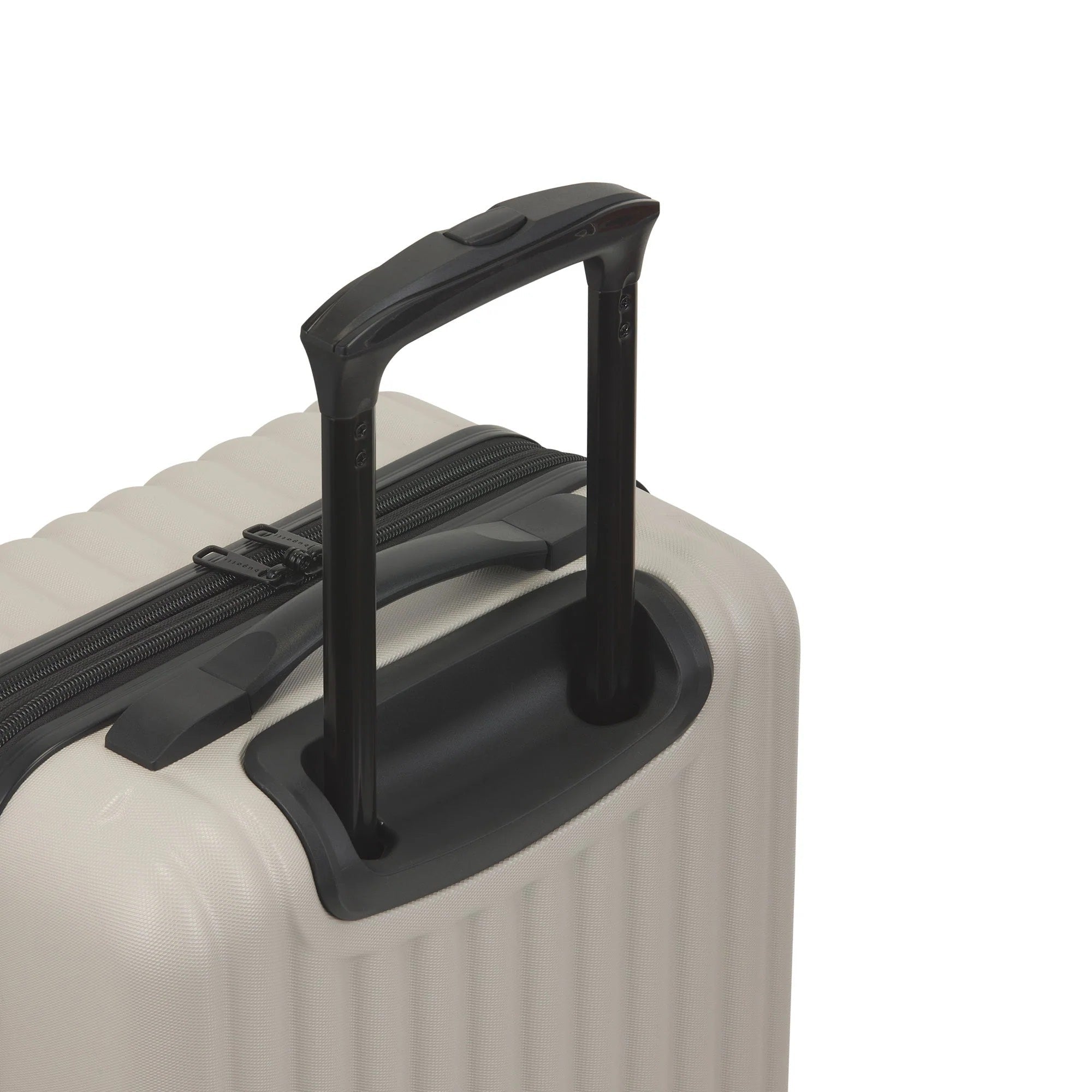 Close-up of a beige suitcase handle on a white background