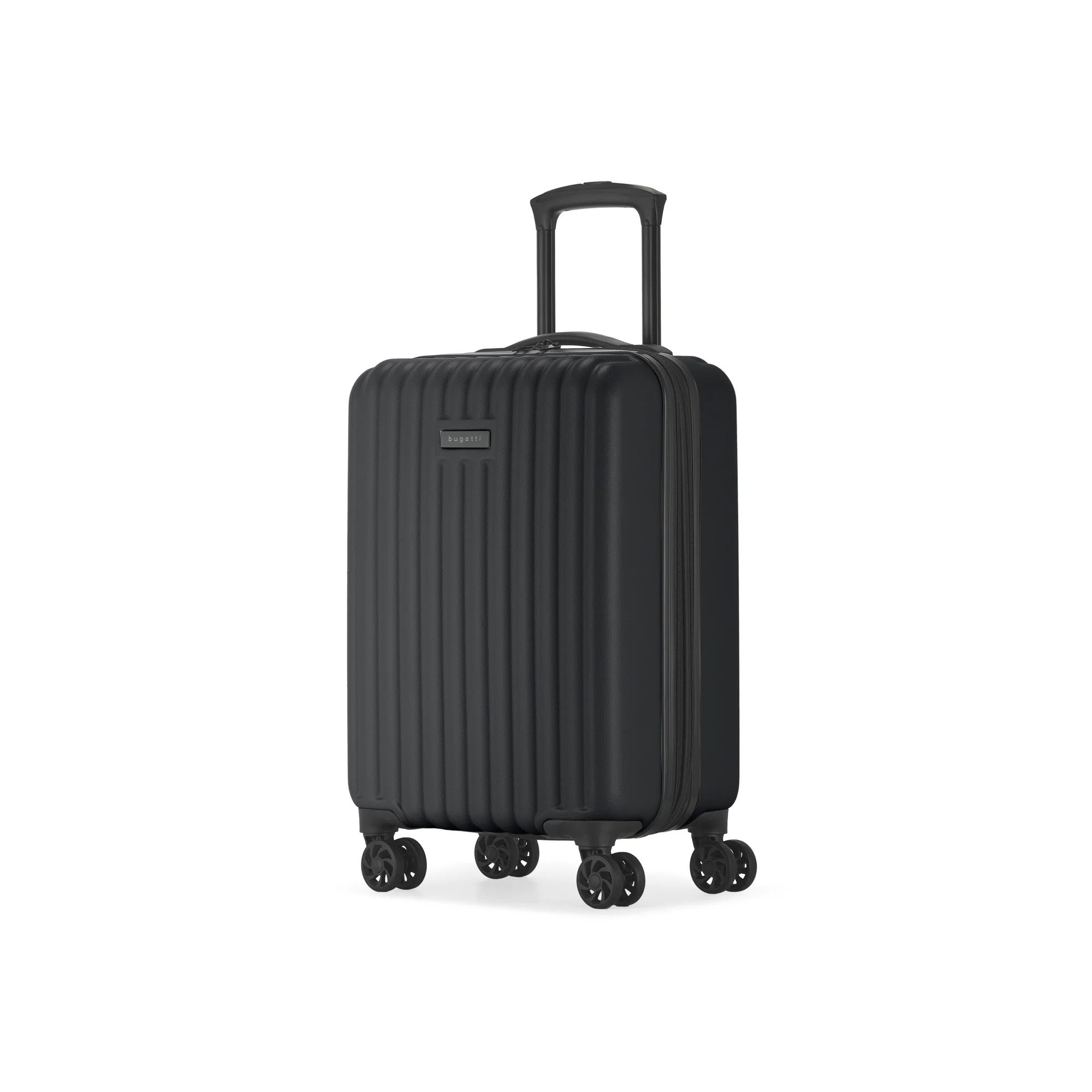 Black suitcase with wheels on a white background