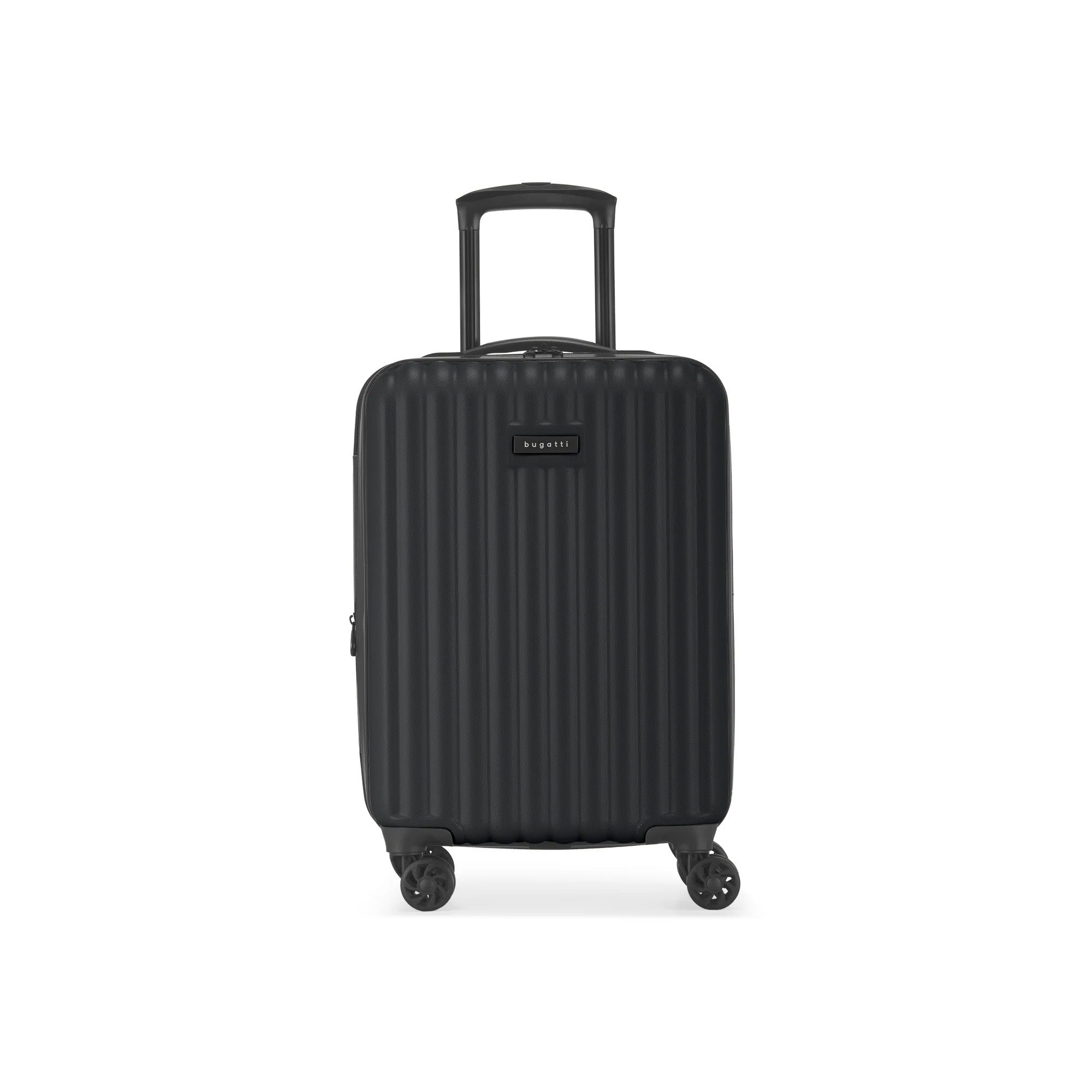 Black suitcase with a visible brand logo on a white background