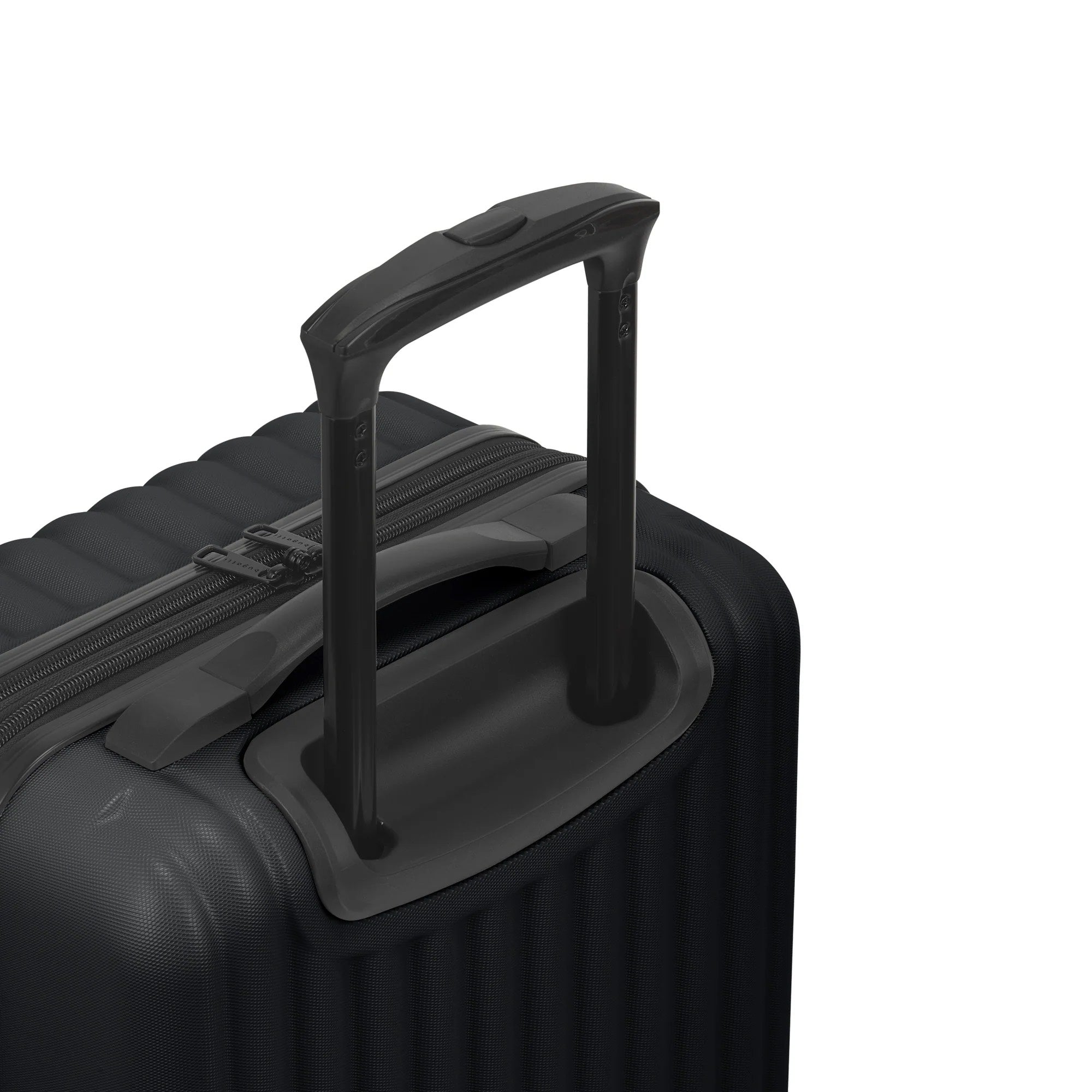 Black suitcase handle on a black suitcase with a white background