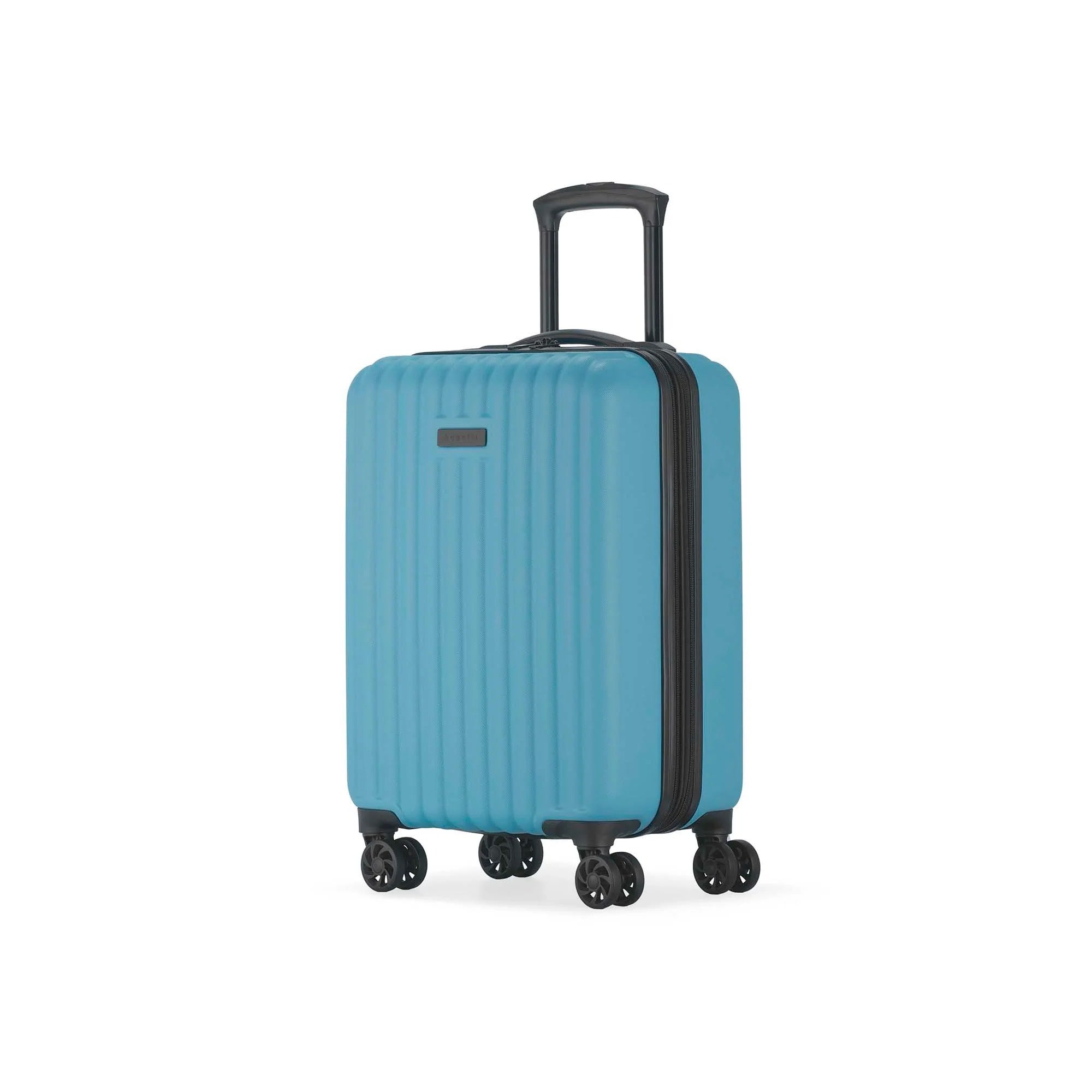 Blue suitcase with black handle and wheels on a white background