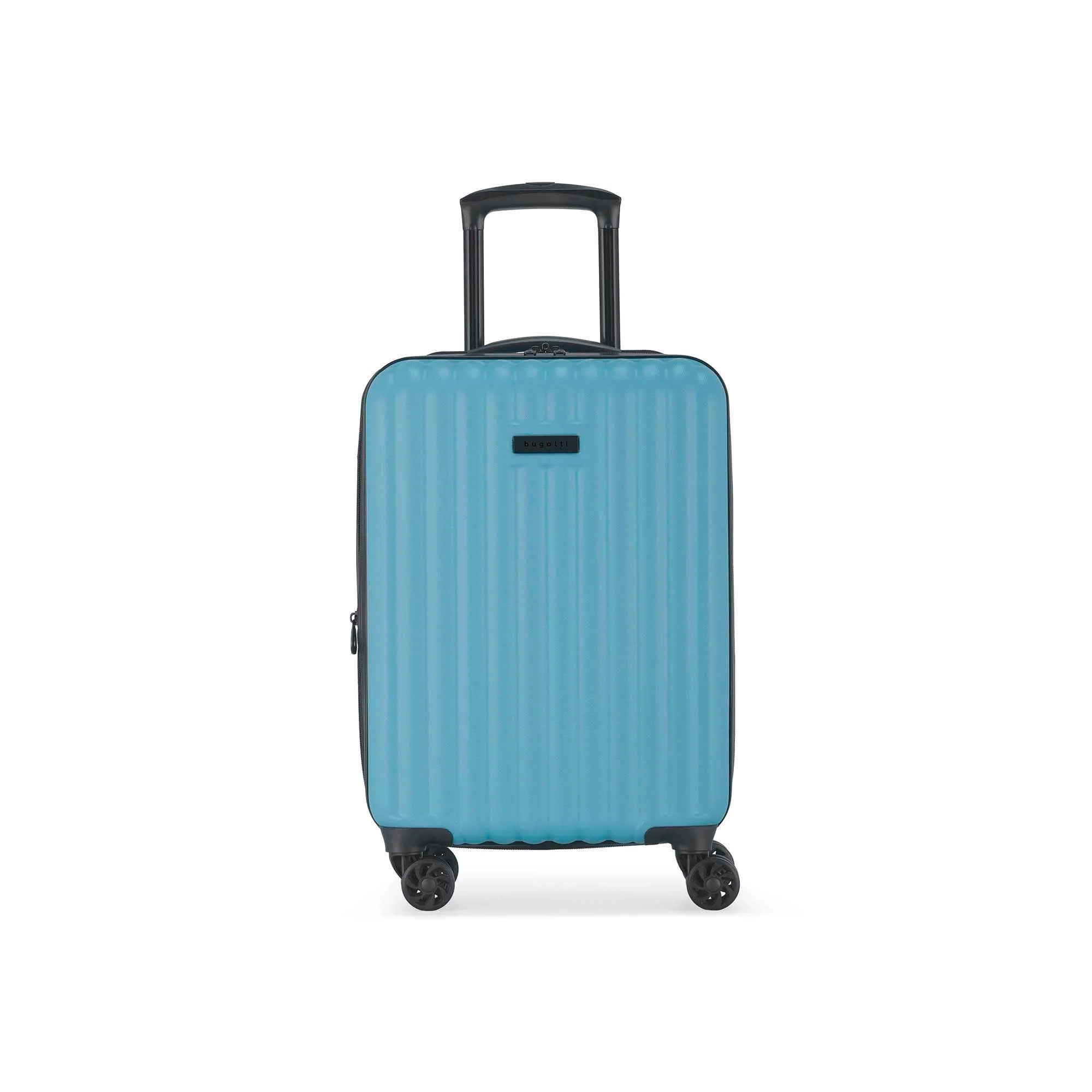 Blue suitcase with a black handle on a white background