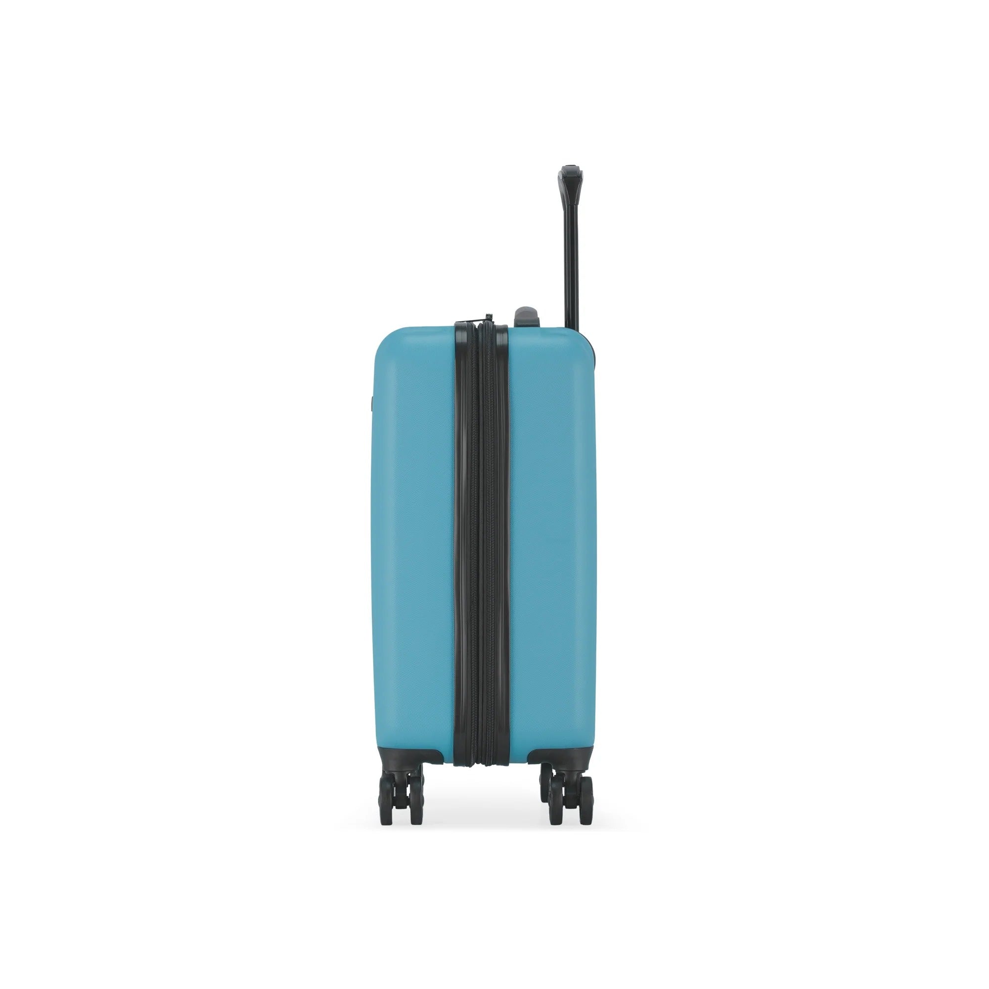 Blue suitcase with a black handle on a white background