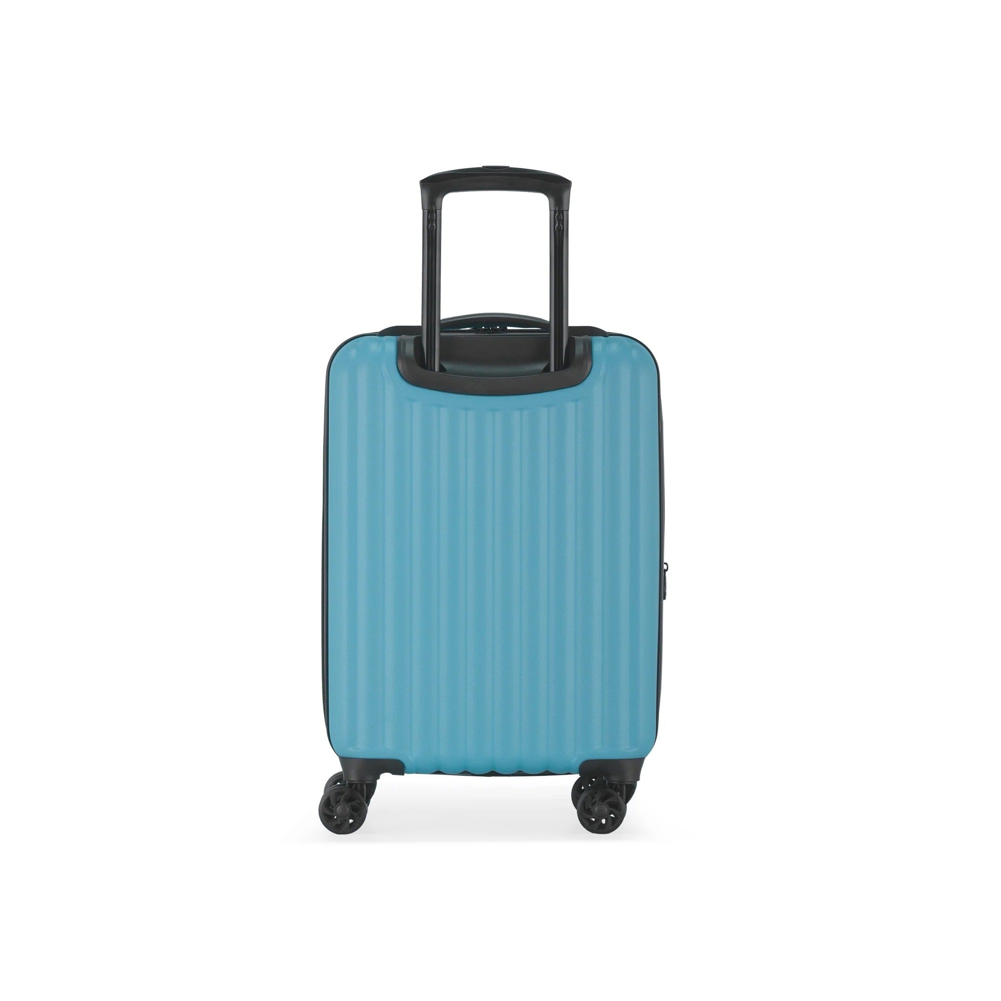 Blue suitcase with a black handle on a white background