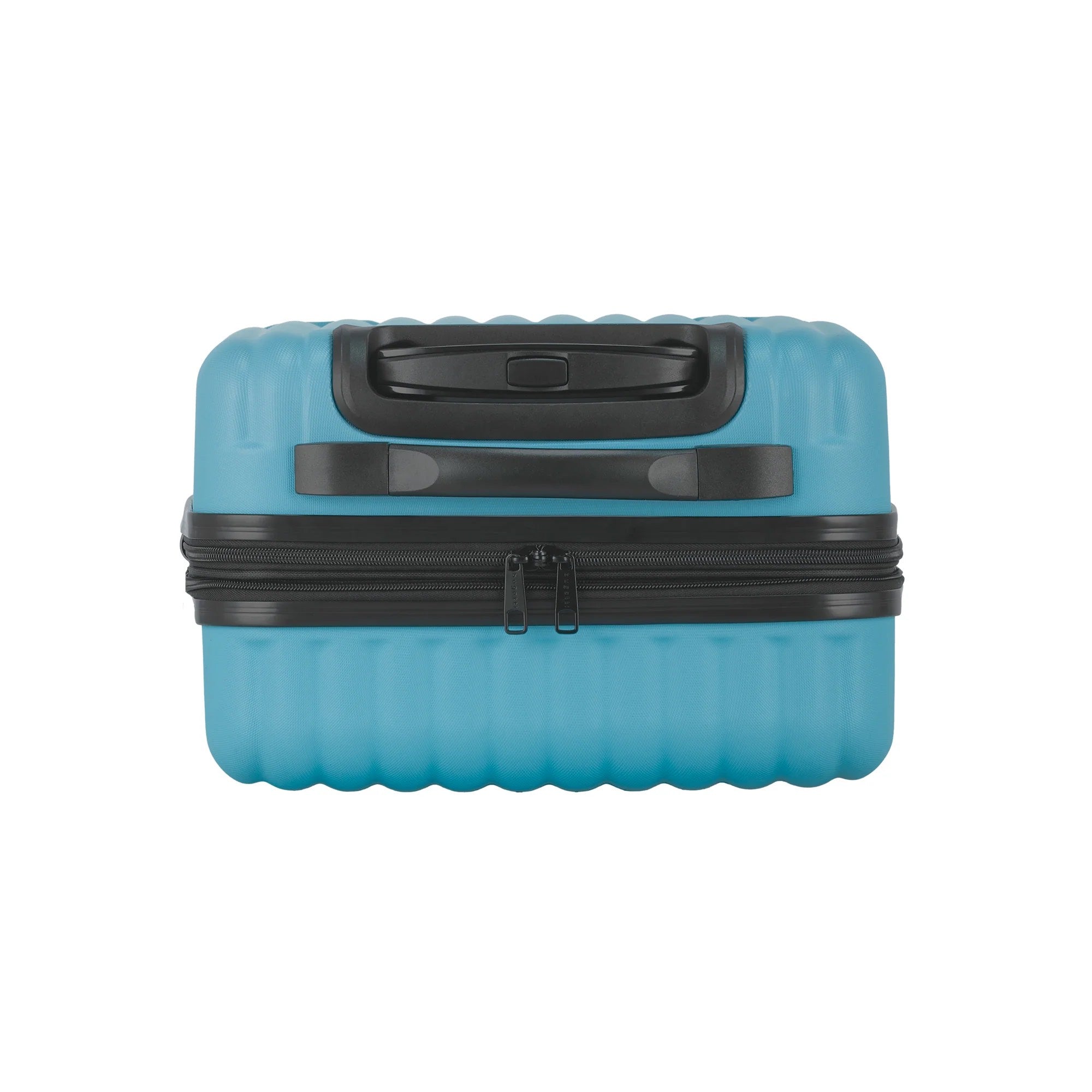 Blue suitcase with black zippers on a white background