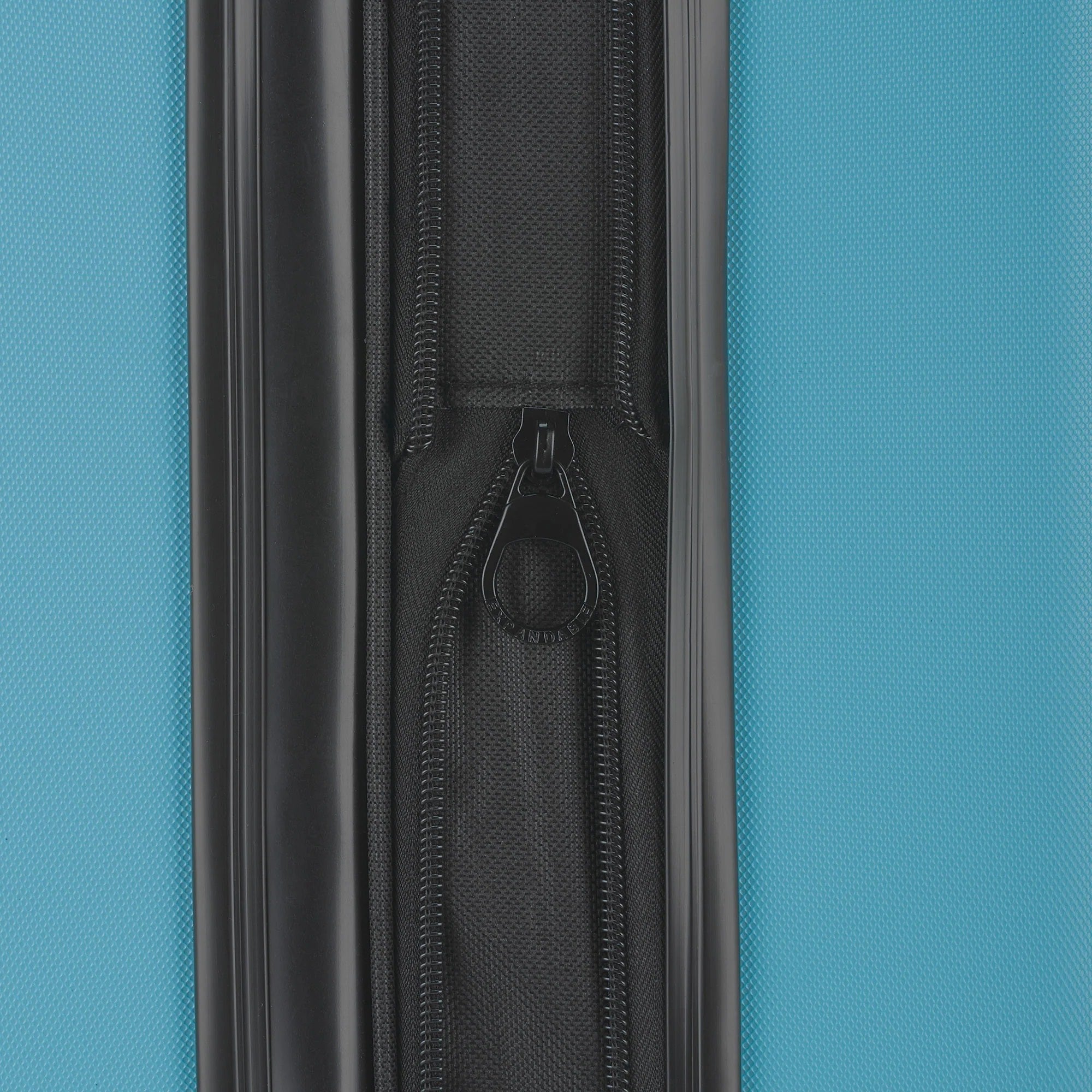 Close-up of a blue suitcase with a black zipper