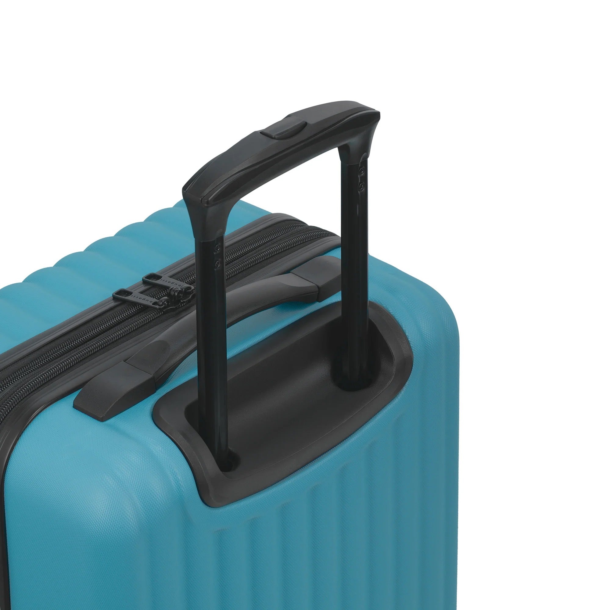 Close-up of a blue suitcase handle on a white background
