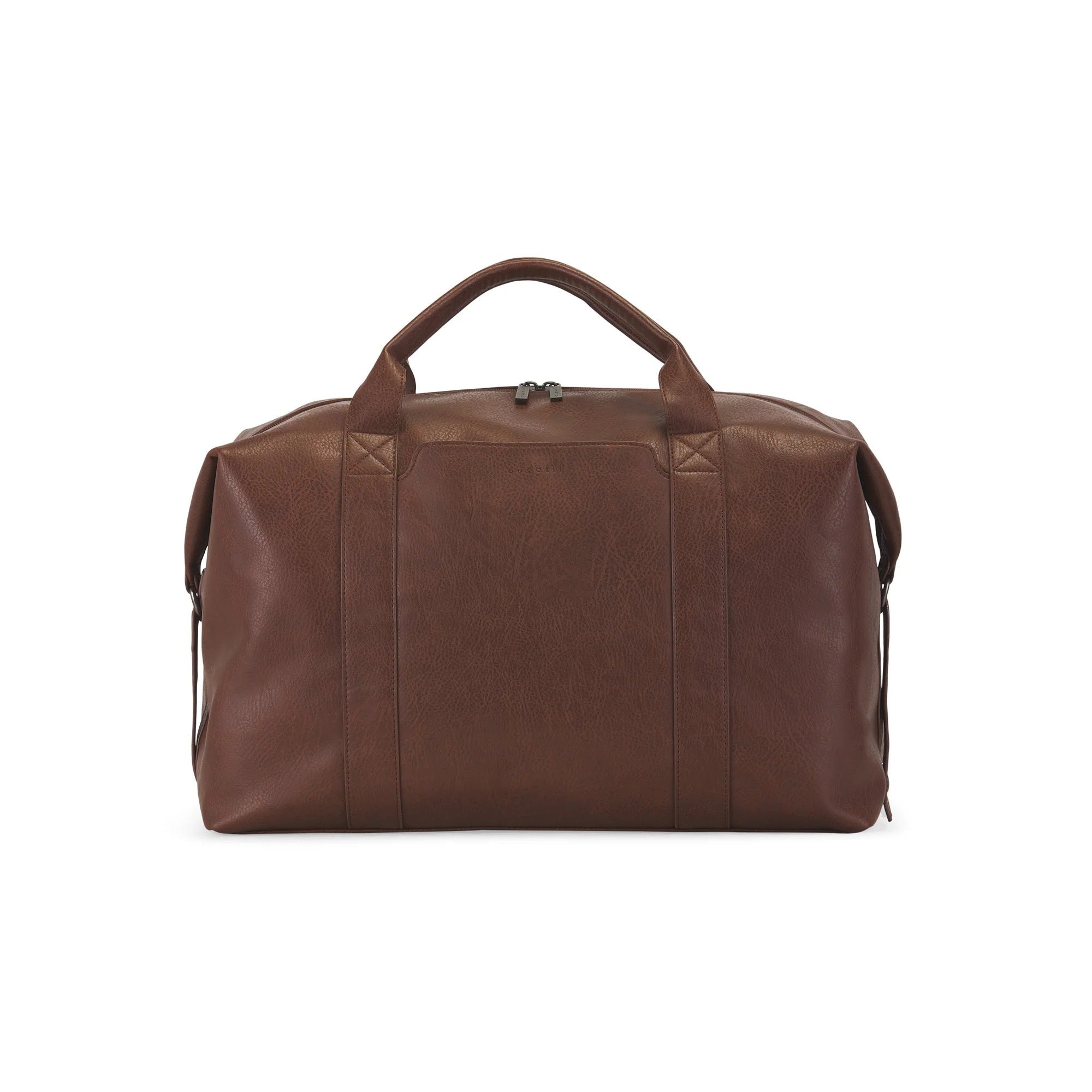Brown leather duffel bag on a white background