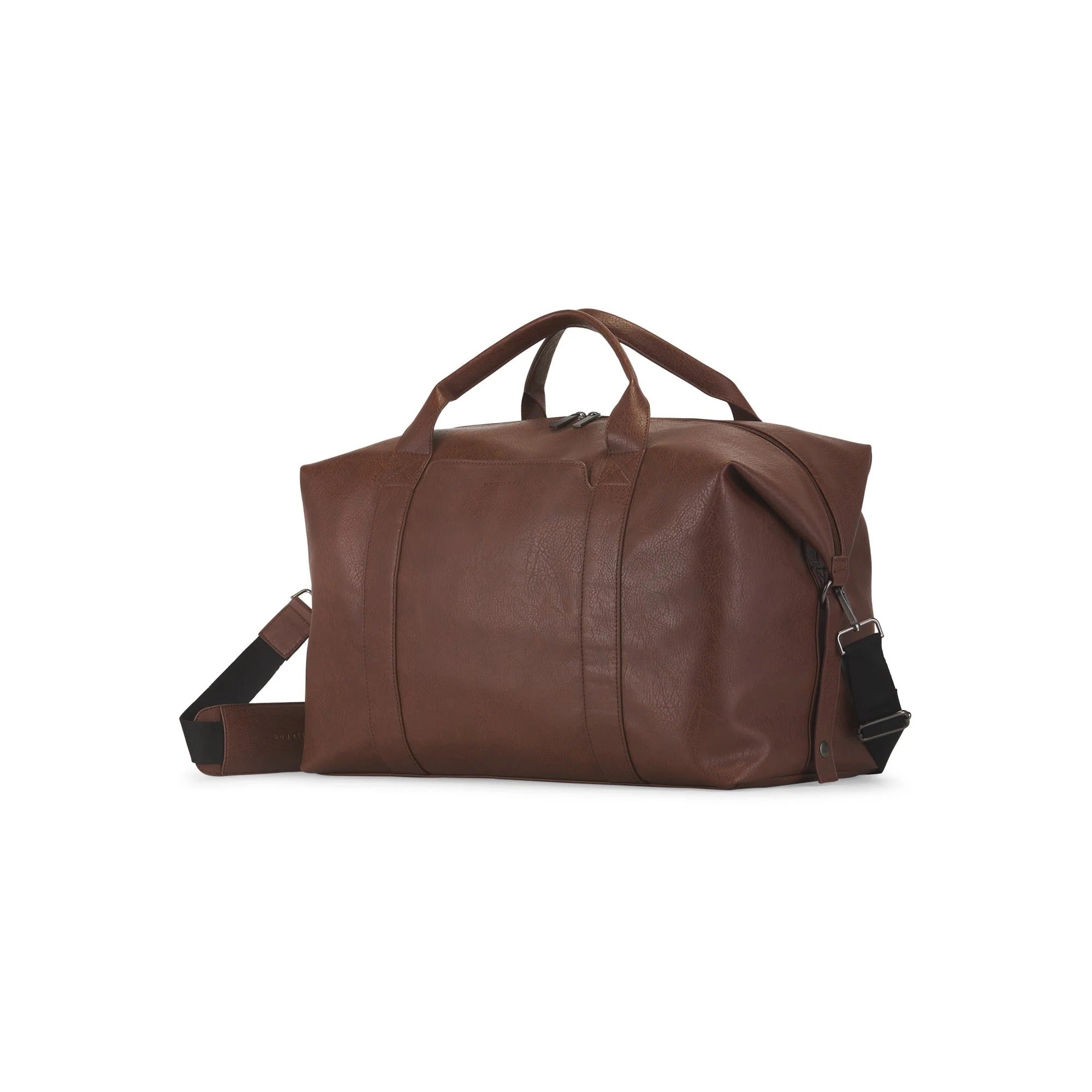Brown leather duffel bag on a white background