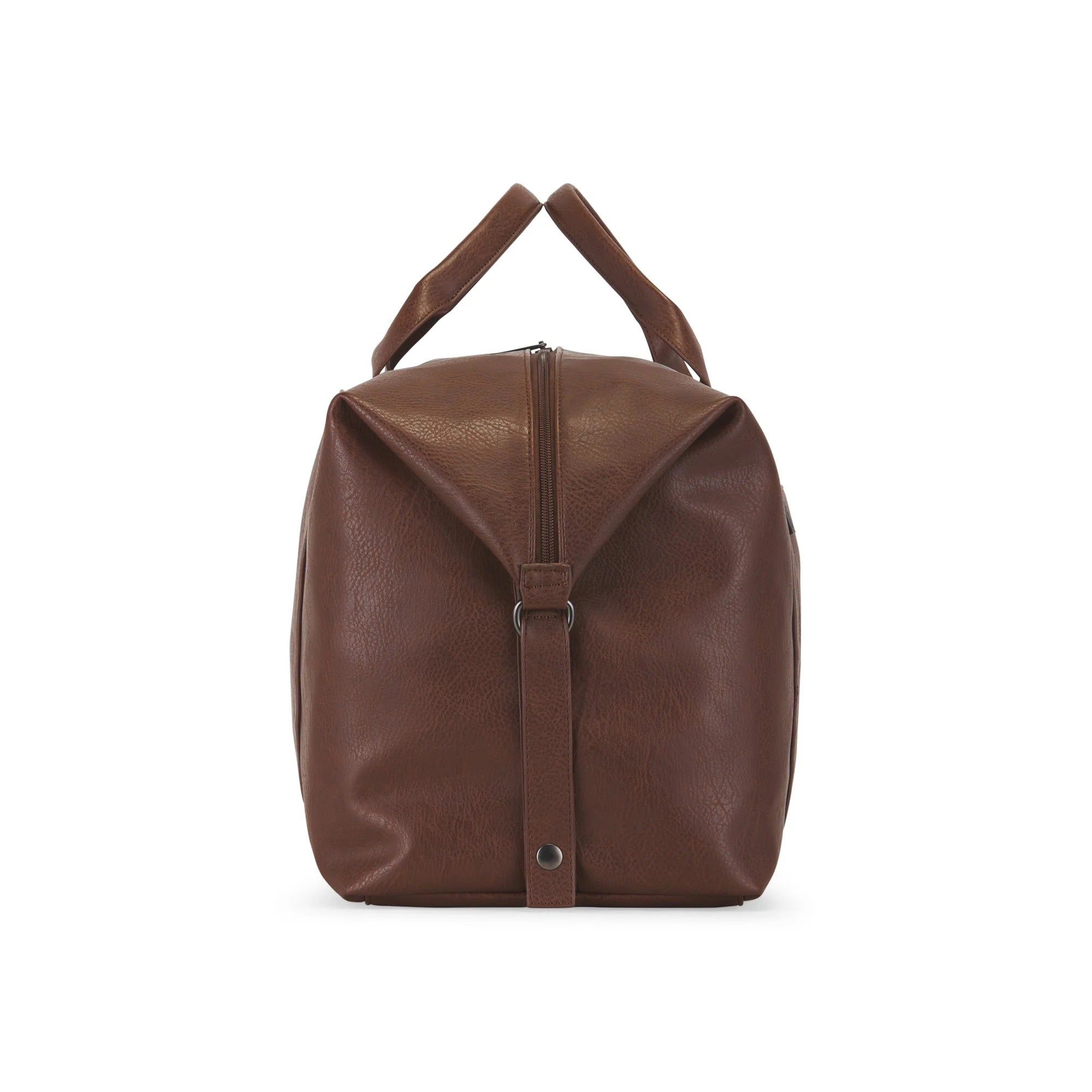 Brown leather bag with a strap on a white background