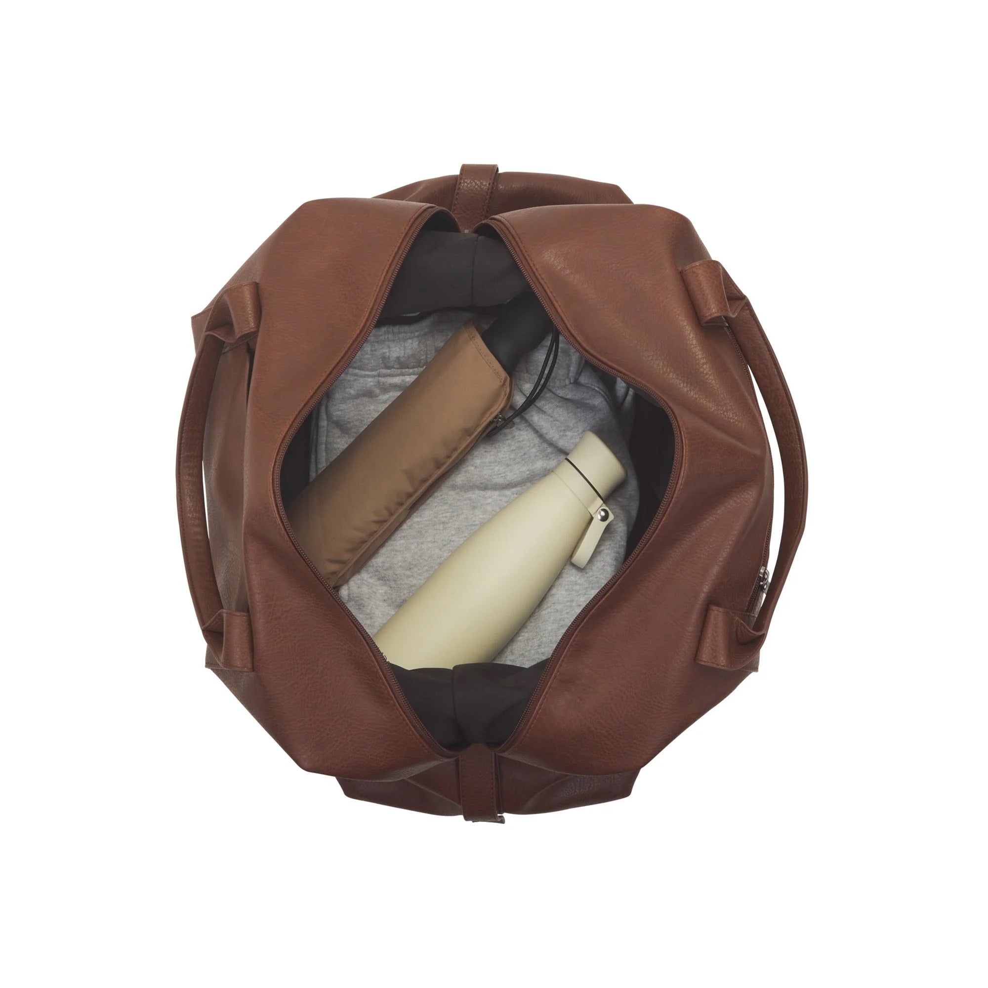 Brown leather duffel bag with items inside on a white background
