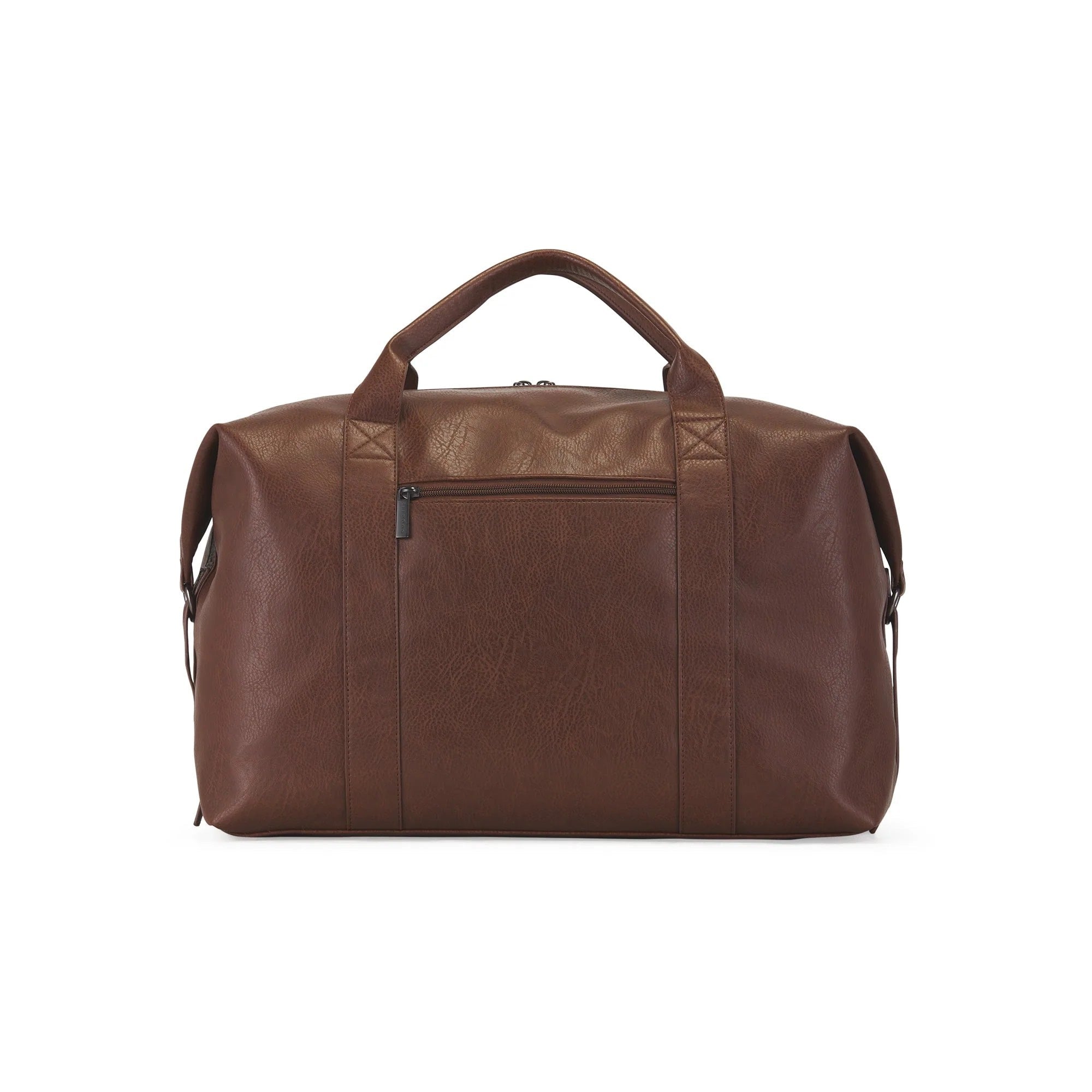 Brown leather duffel bag on a white background