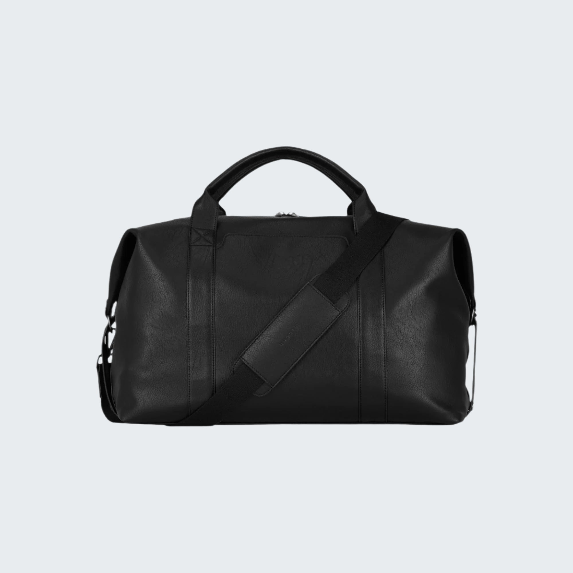 Black leather duffel bag on a white background