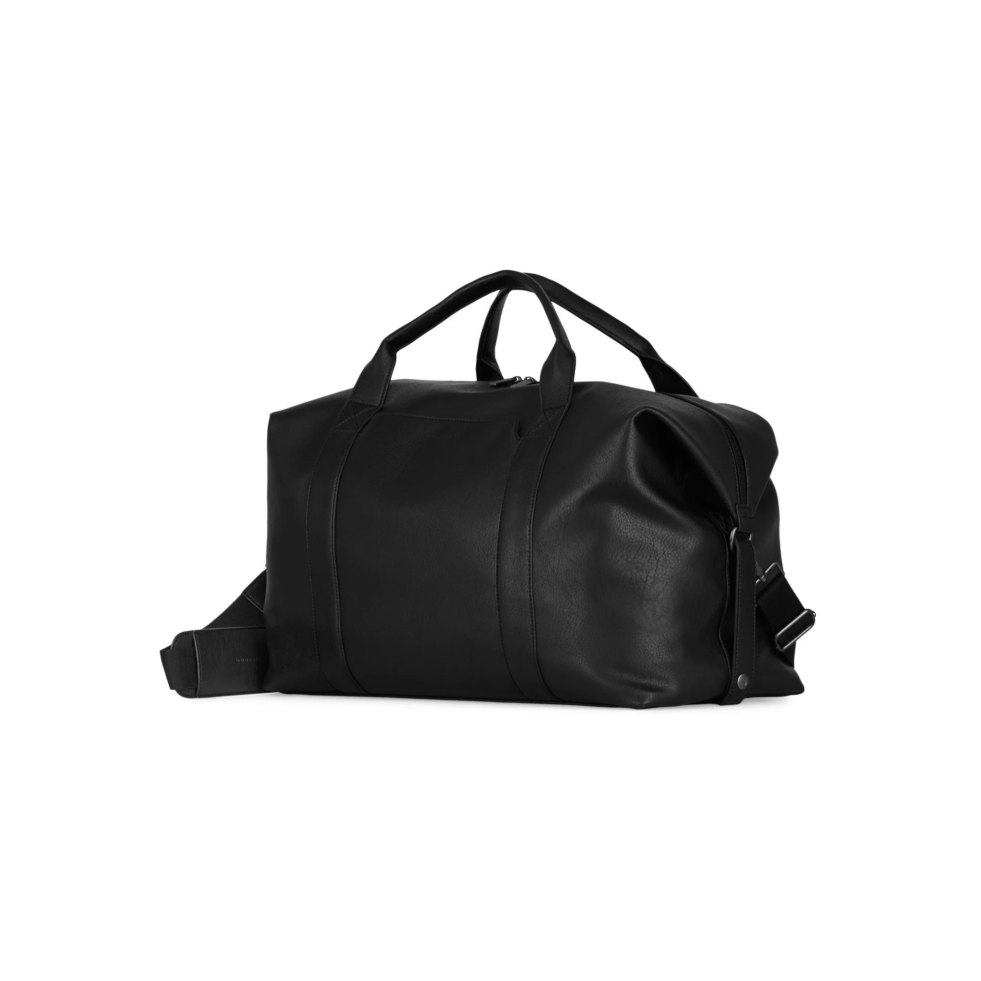 Black leather duffel bag on a white background