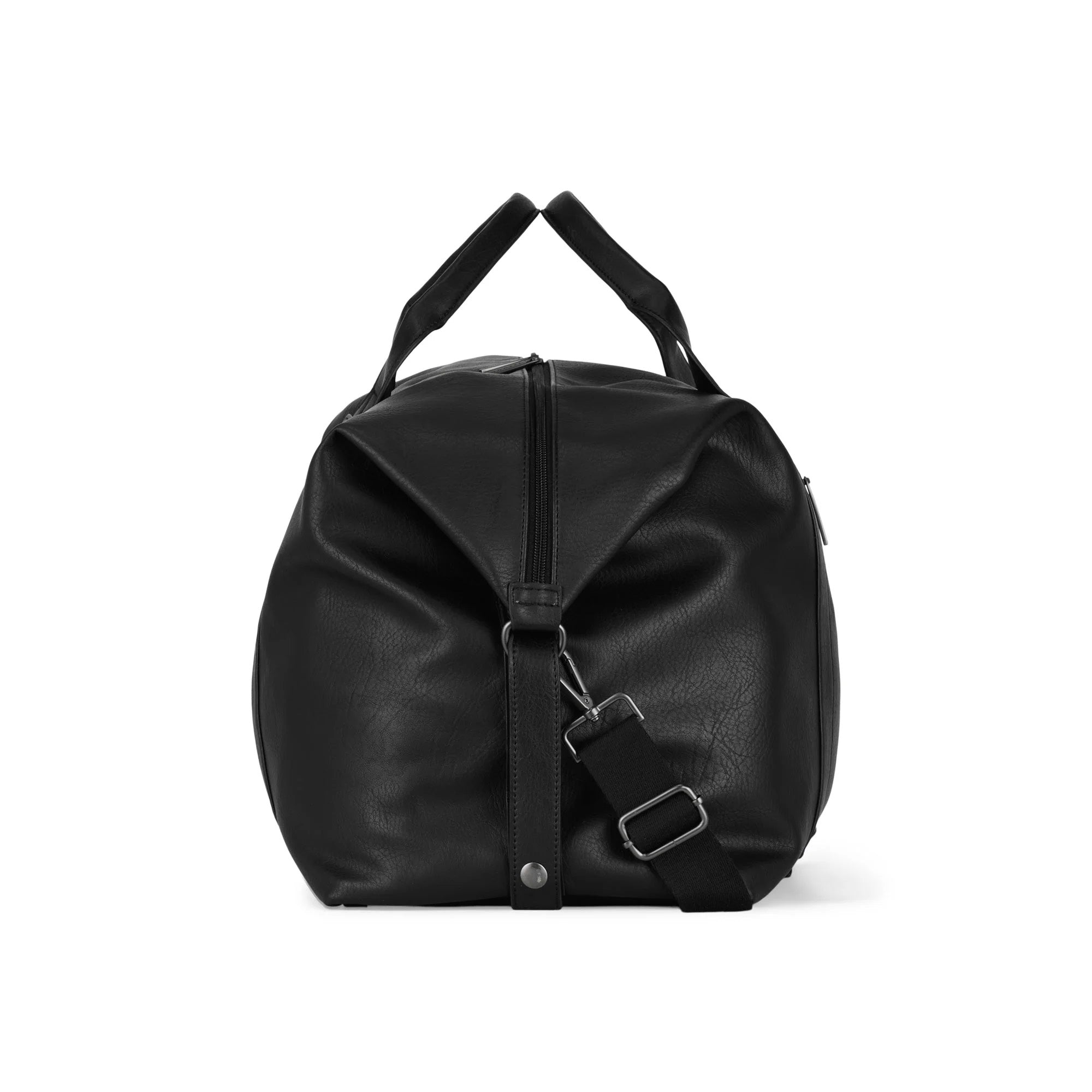 Black leather duffel bag on a white background