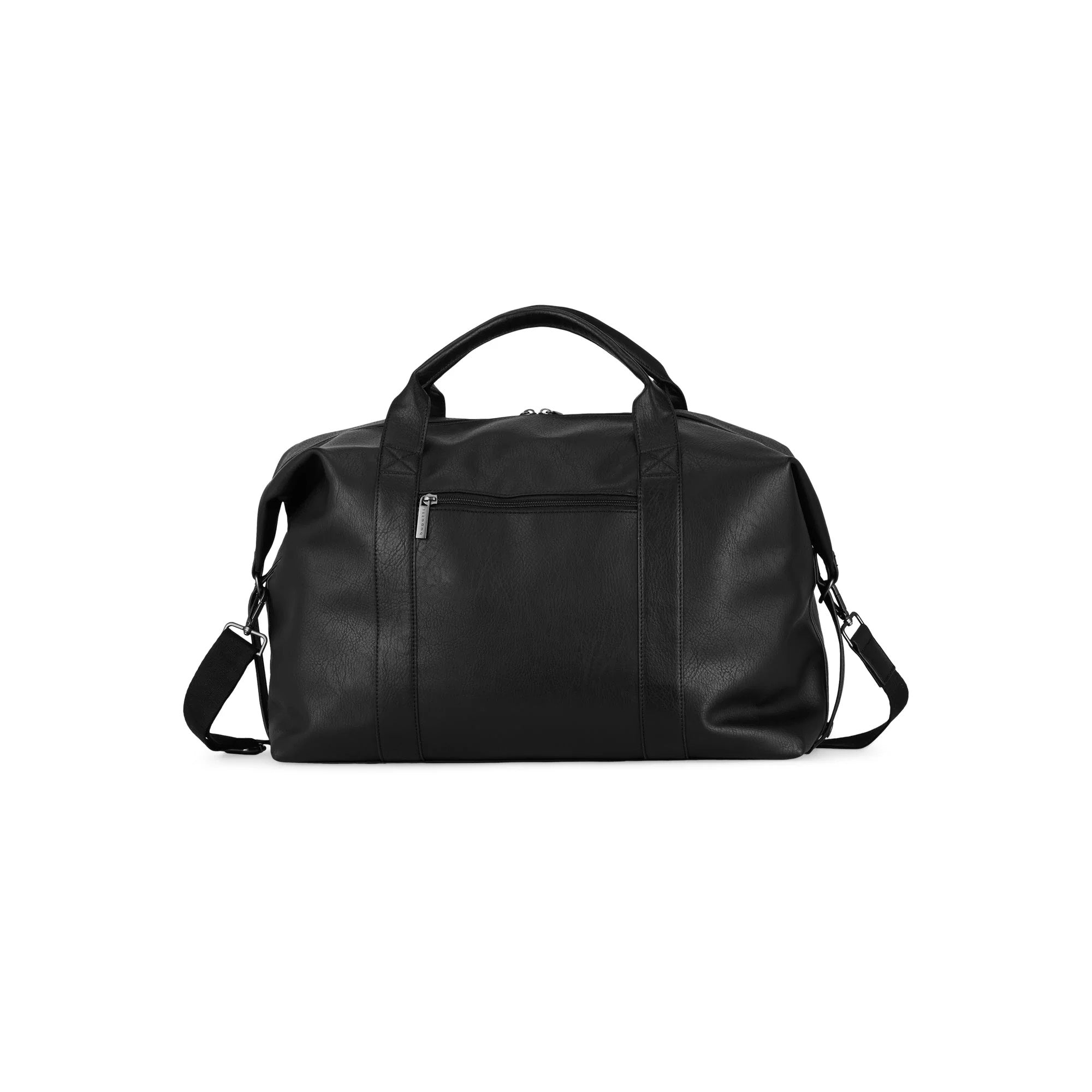 Black leather duffel bag on a white background