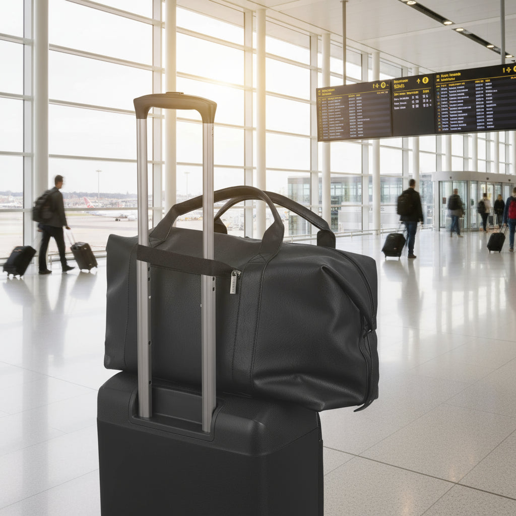 Black duffel bag with wheels on top of a black suitcase on a white background