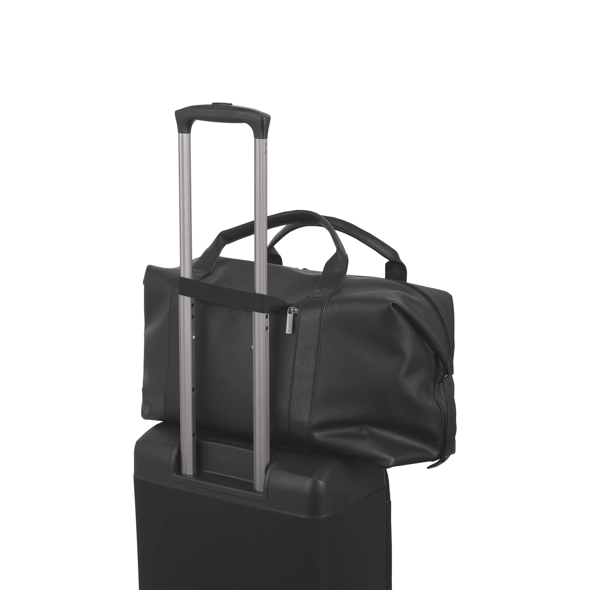Black duffel bag with wheels on top of a black suitcase on a white background