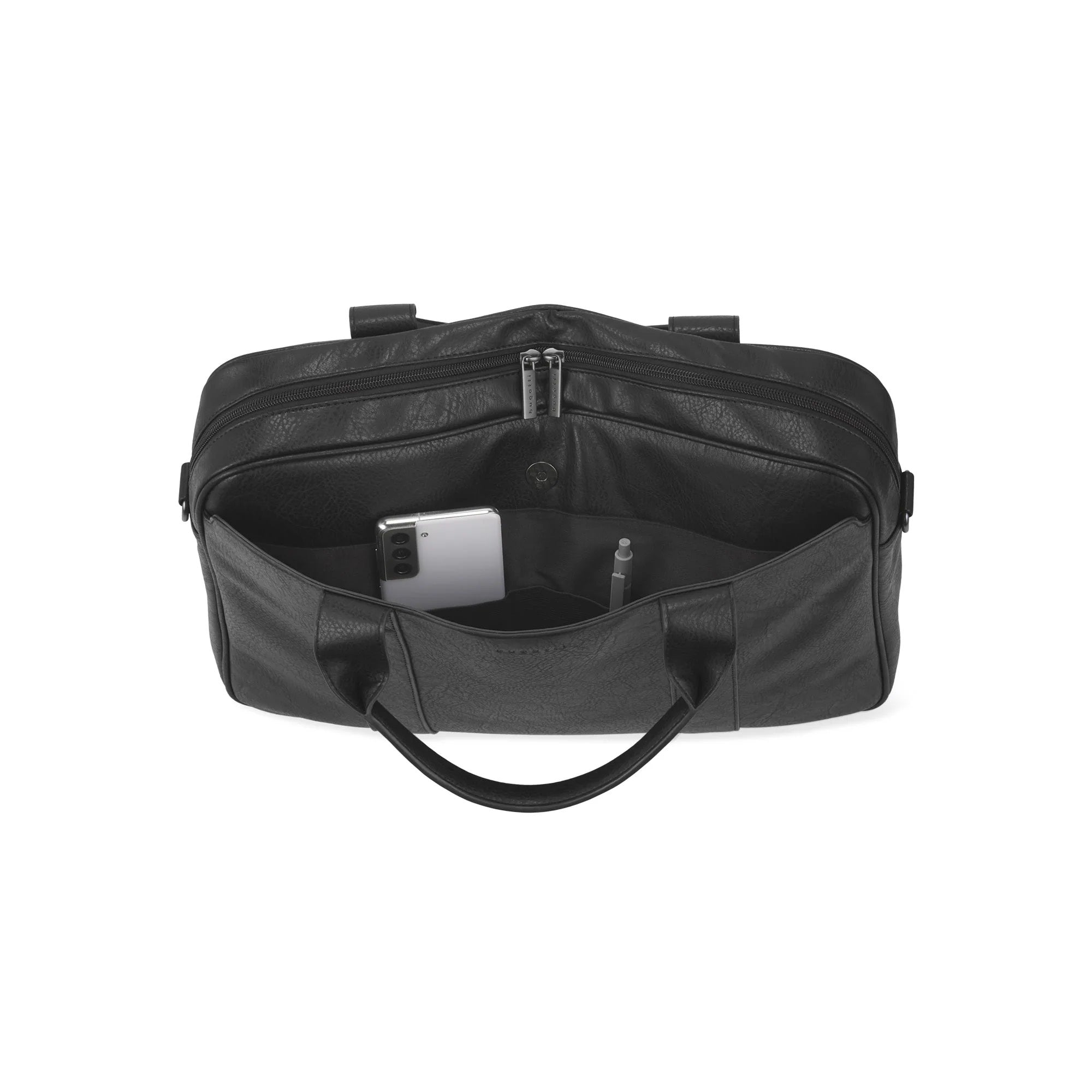 Black duffel bag with a phone inside on a white background