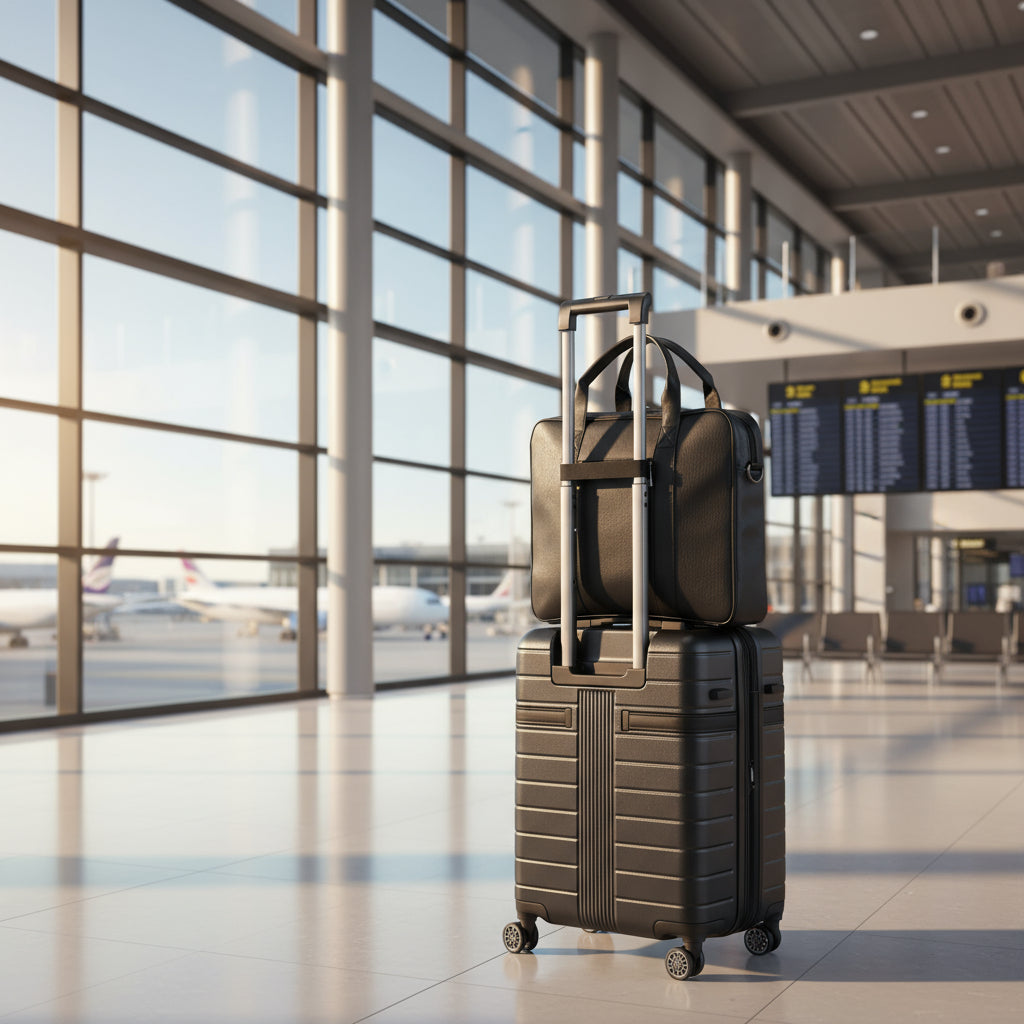 Black rolling suitcase with a matching black backpack on a white background